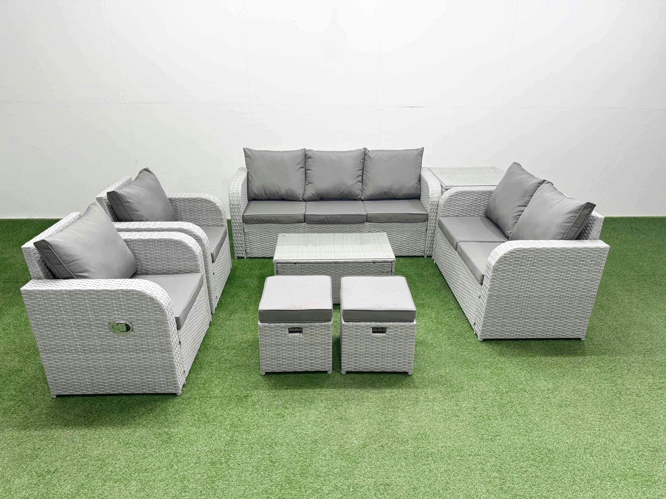 Fimous Light/Grey Pe Rattan Outdoor Lounge Set - Adjustable Chair, Double Loveseat, Oblong Coffee Table, 2 Stools & Side Table