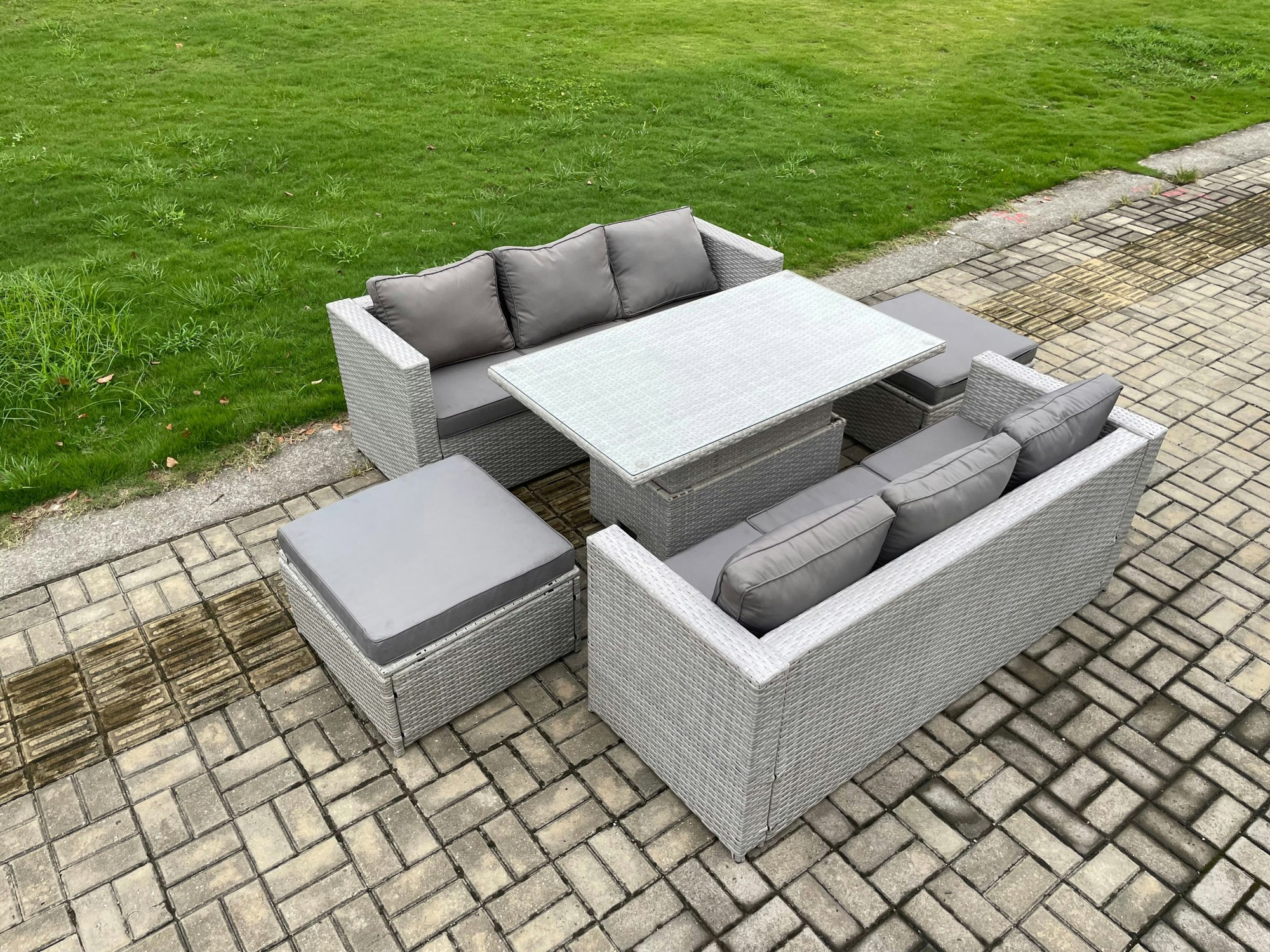 Rackhams Light/Grey/Dark Outdoor Pe Rattan Garden Funiture Set Height Adjustable Rising Lifting Table Sofa Dining Set With 2 Big Footstools