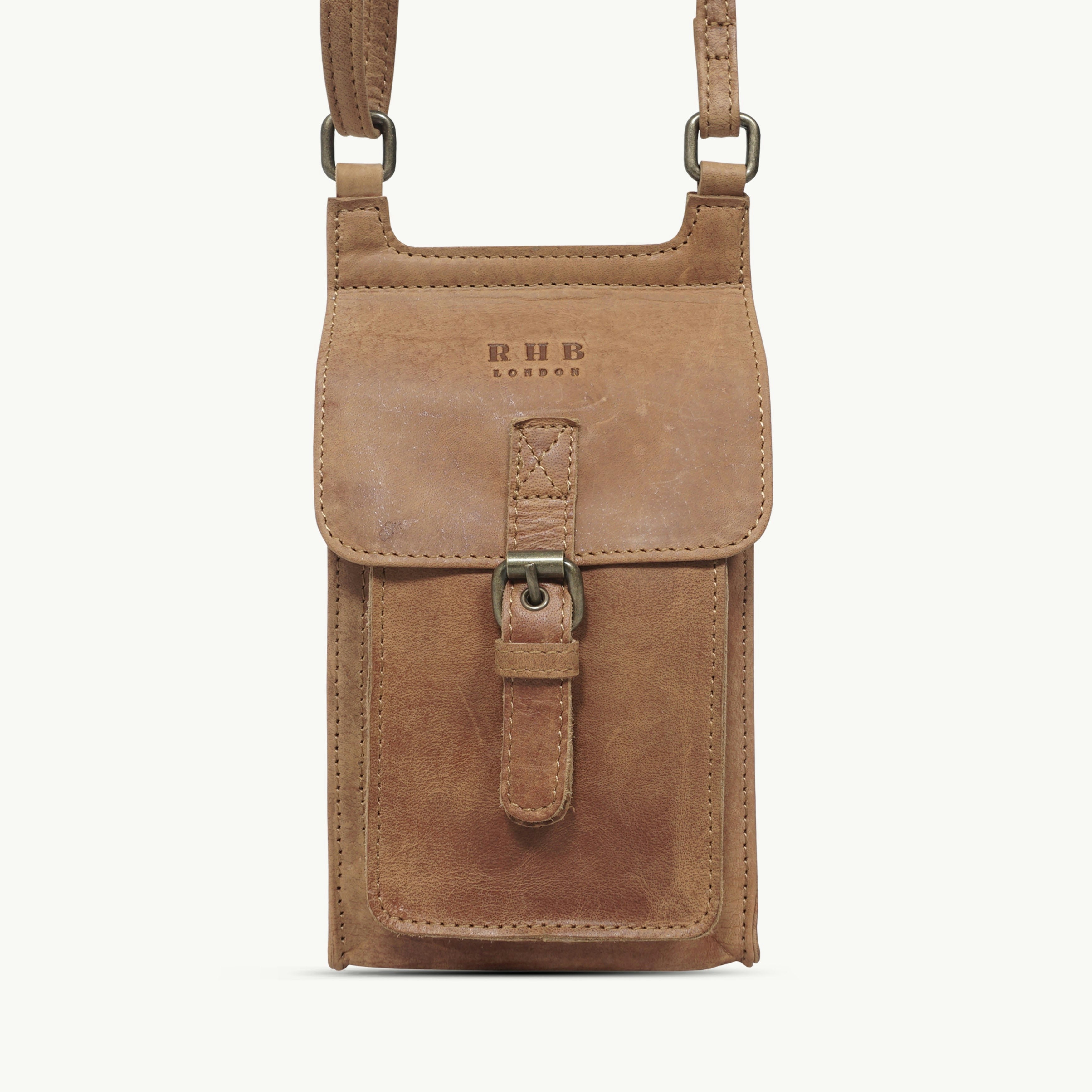 Real Hide Bags Light 'Myla' Tan Distressed Real Leather Mobile Phone Crossbody Bag