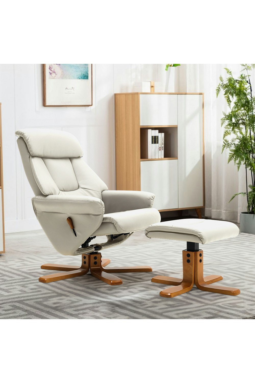 Rackhams Beige Swivel Faux Leather Lounge Recliner With Ottoman