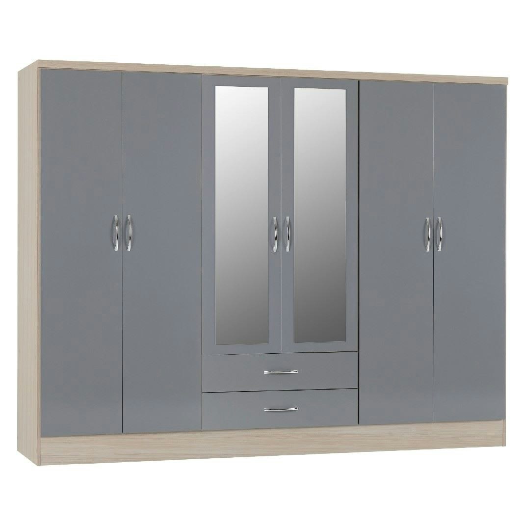 Rackhams Grey/Light Nevada 6 Door 2 Drawer Mirrored Wardrobe - Gloss And Oak