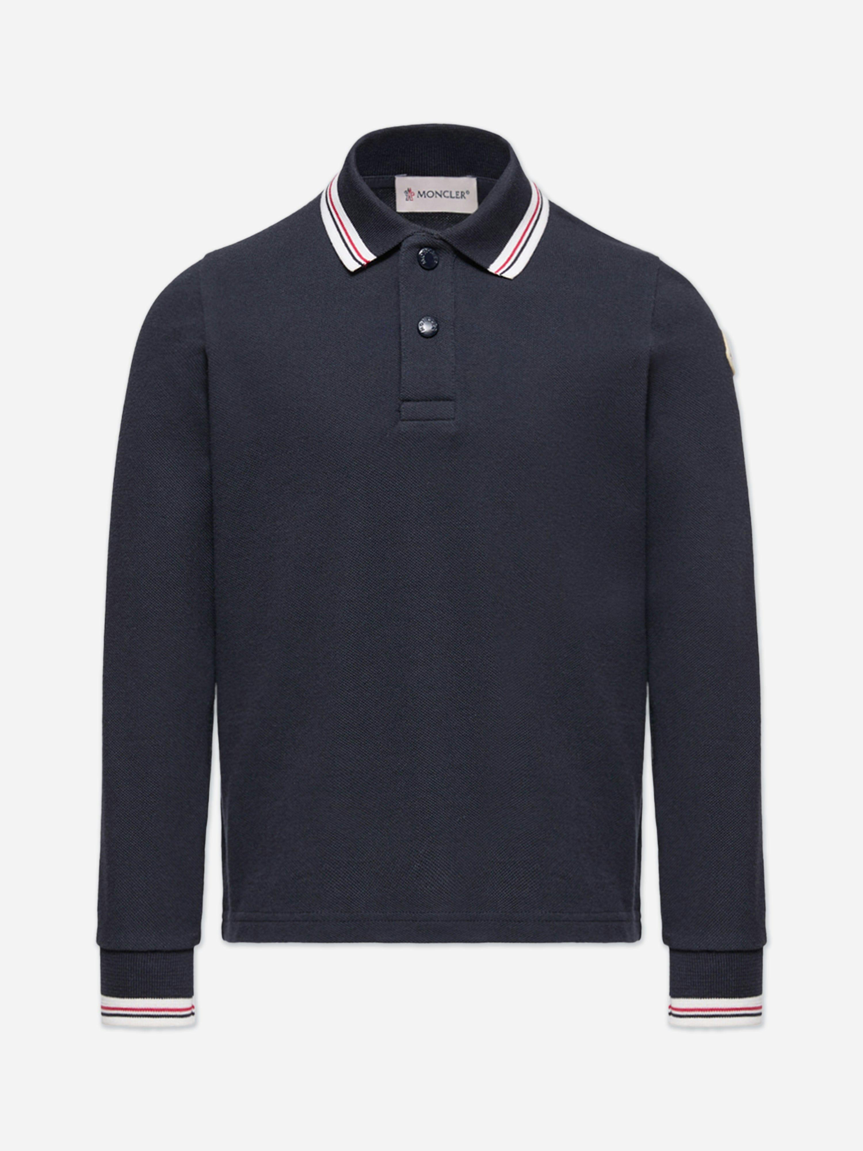 Moncler Enfant Boys Cotton Long Sleeve Polo Shirt In Navy - Navy - 14 Yrs