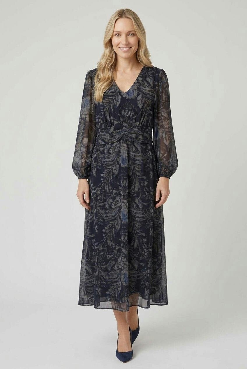 Izabel London Blue Floral Layered Long Sleeve Midi Dress - 10