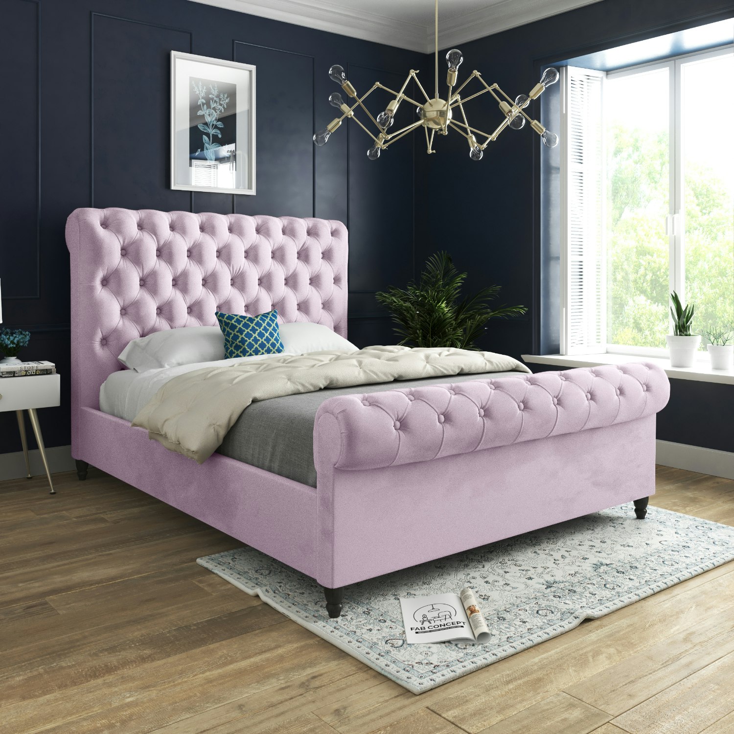 Rackhams Pink Sienna Sleigh Upholstered Soft Velvet Bed Frame - Double