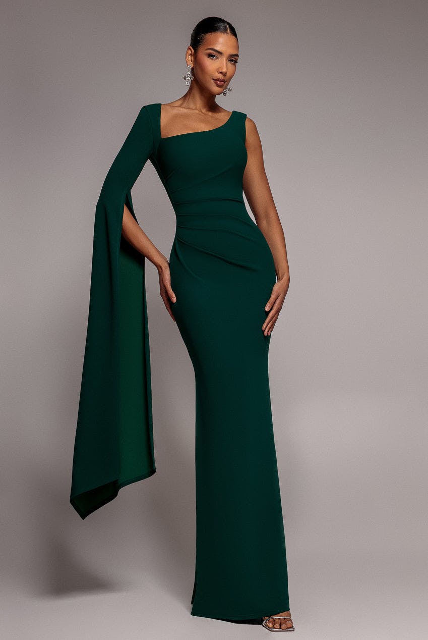 Goddiva Green One Shoulder Cape Sleeve Maxi Dress - Emerald By - Emerald - 14