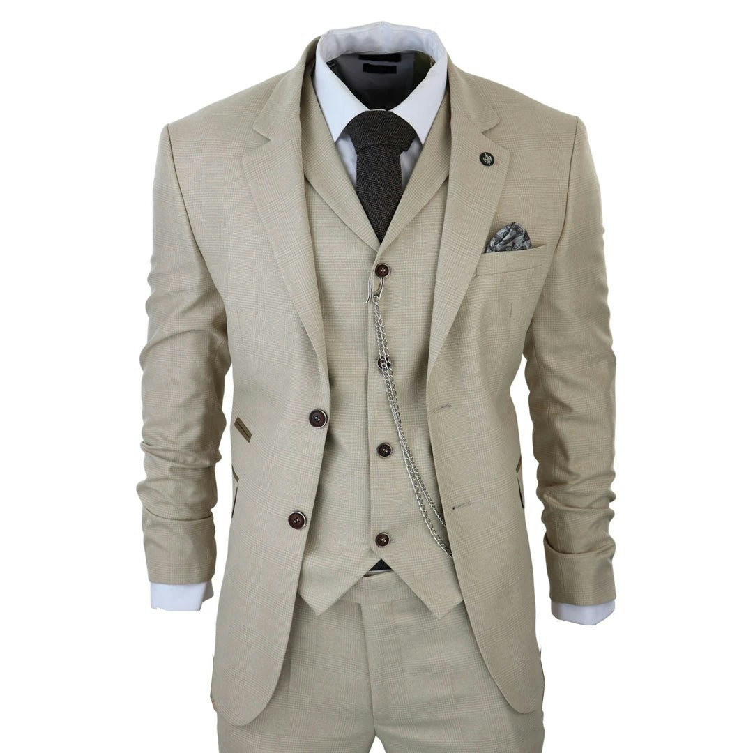Truclothing Men's Cream Ak-08 - 3 Piece Prince Of Wales Check Suit - 48" Jacket 42" Trousers