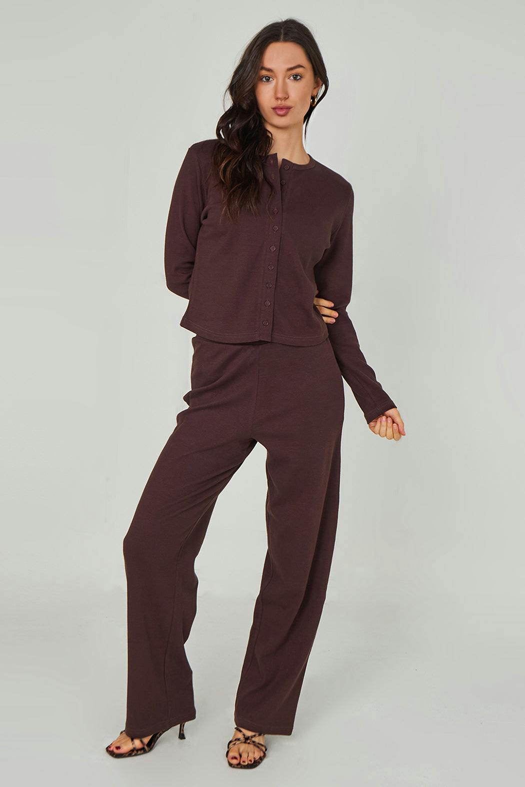 Urban Bliss Chocolate Ribbed Wide Leg Trouser - 16