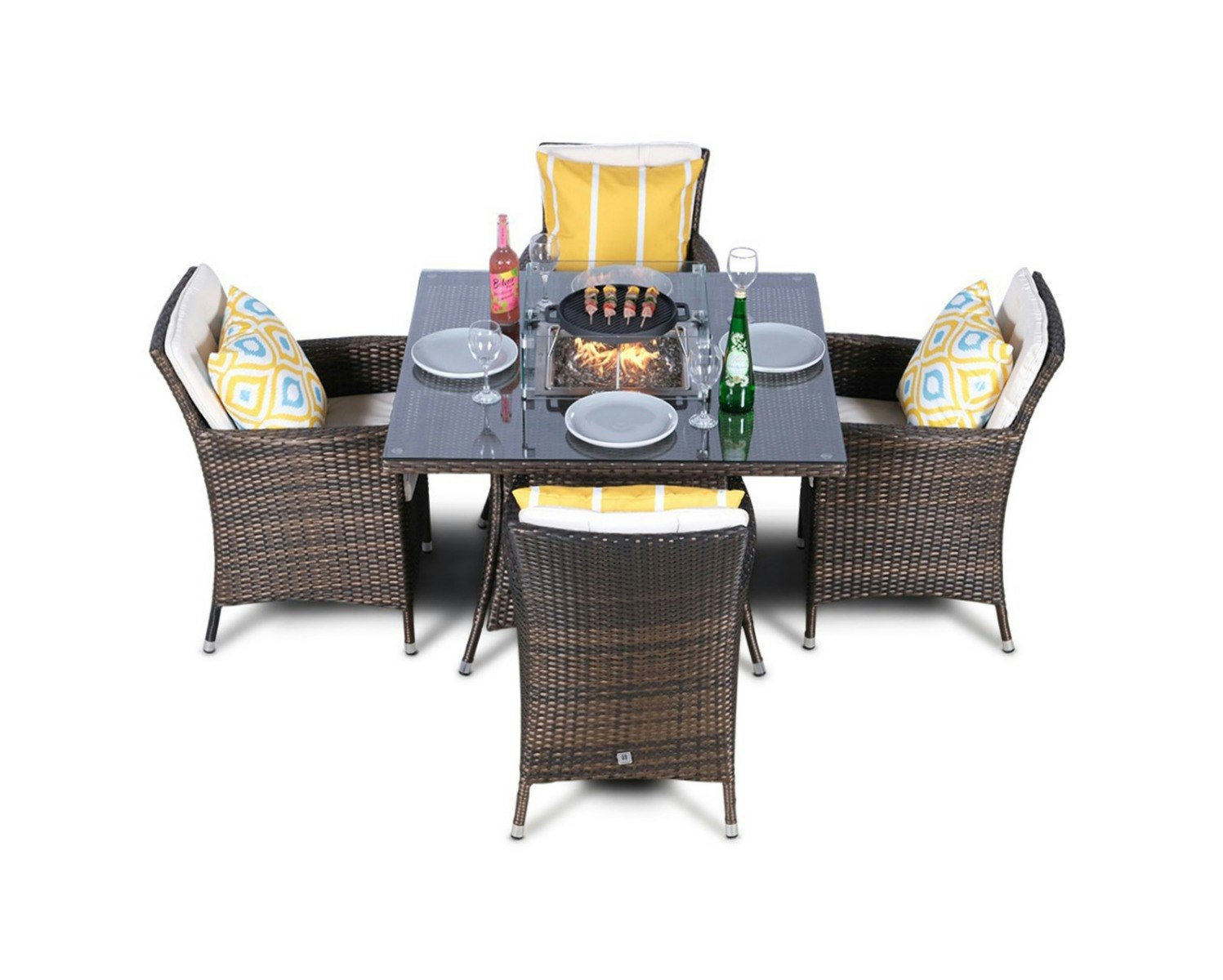 Rackhams Brown Savannah Fire Pit 4 Seater Square Rattan Dining Set - 1