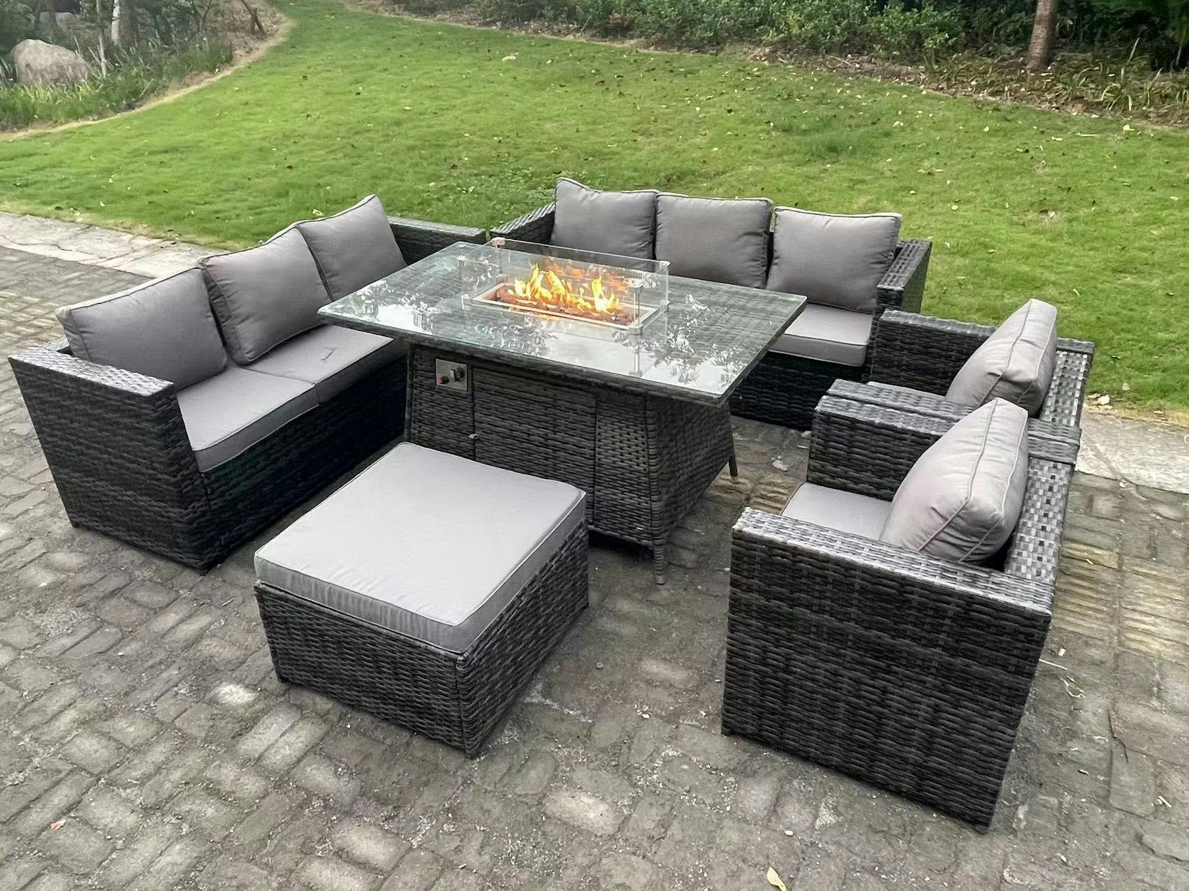 Fimous Dark/Grey 9 Seater Outdoor Pe Rattan Garden Furniture Set Gas Fire Pit Dining Table Gas Heater Burner With Sofa Armchairs Big Footstool Mixed