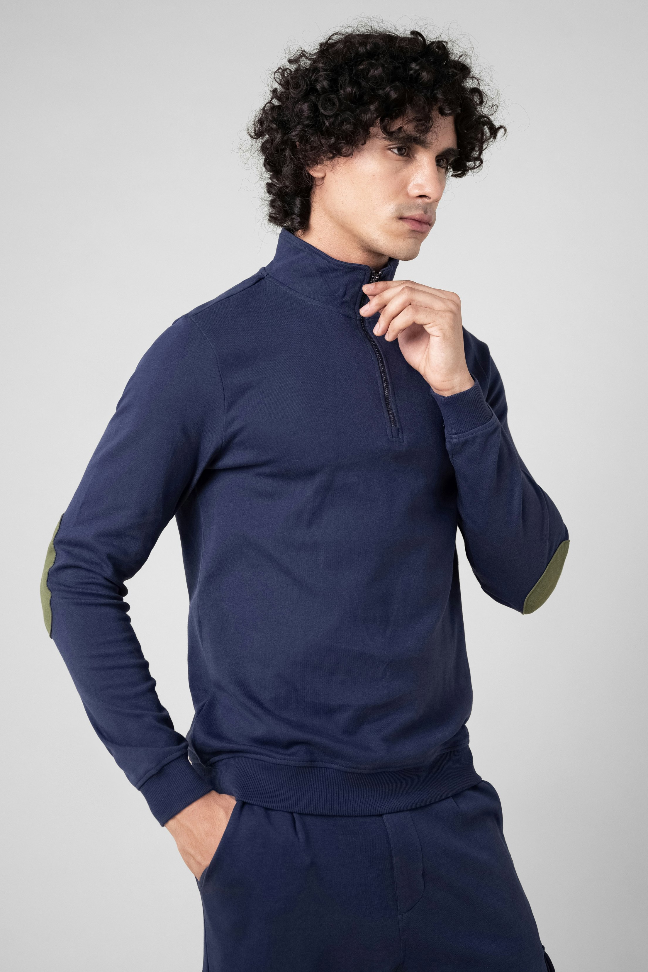 Enorsia Green/Grey Elbow Patch Half Zip Sweatshirt - L - Navy - Navy & : 100% Cotton, Grey: 94% Cotton, 6% Viscose