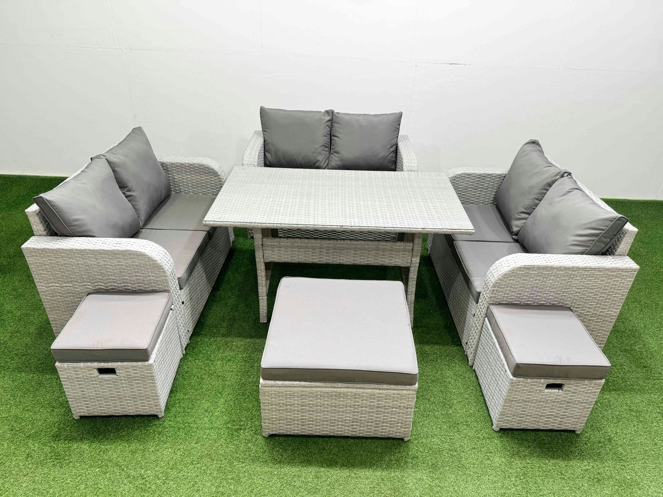 Rackhams Light/Grey 9 Seater Pe Wicker Rattan Furniture Sofa Sets With Rectangular Dining Table 2 Seater Love Sofa 3 Stool