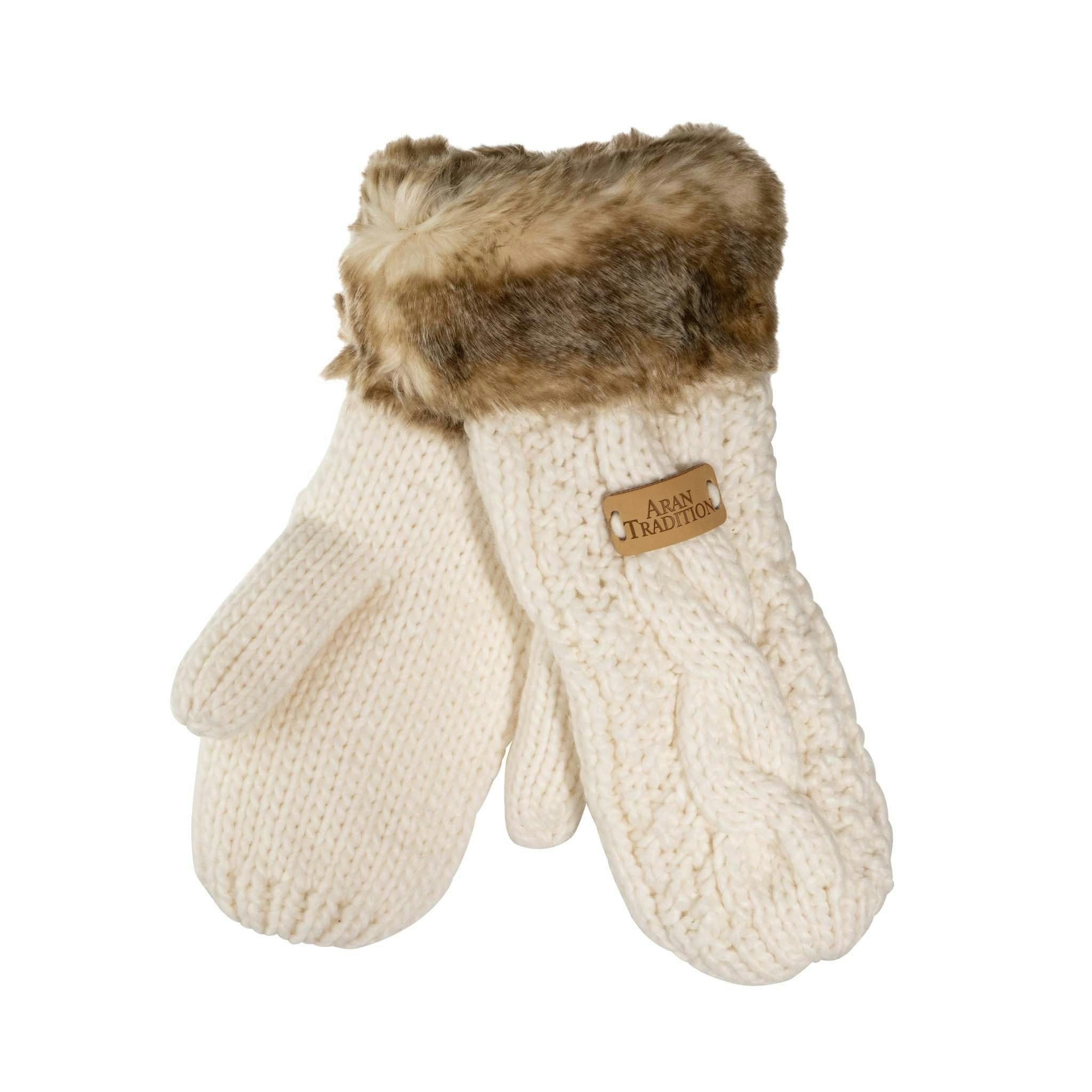 Aran Traditions Cream Aran Cable Fur Trim Mittens