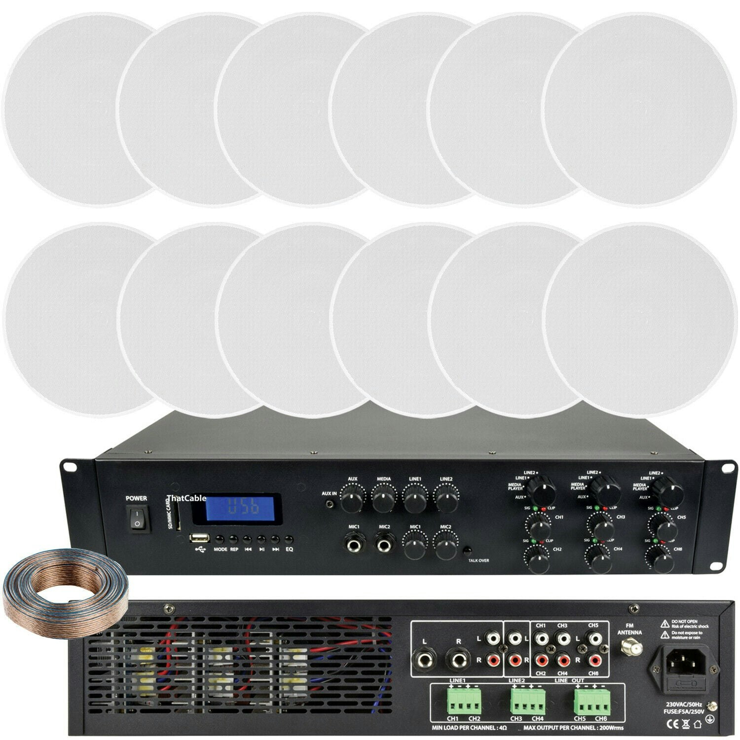 Loops 1200W Loud Bluetooth Sound System 12X 120W Slim Ceiling Speaker 6 Zone Amplifier Size 12