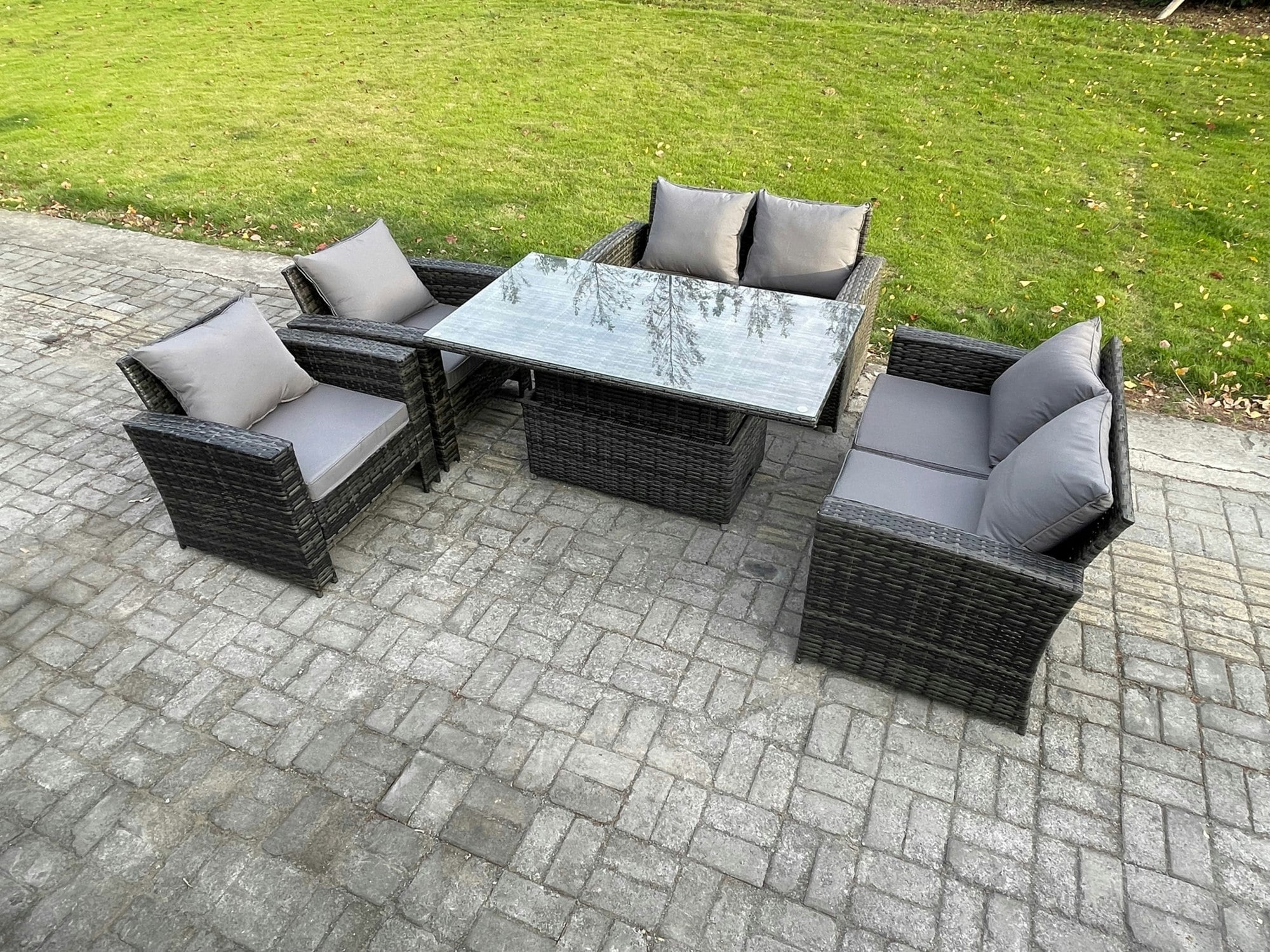 Rackhams Dark/Grey Rattan Garden Furniture Sets 6 Seater Patio Outdoor Rising Lifting Table Sofa Set With Double Seat Sofa Mixed