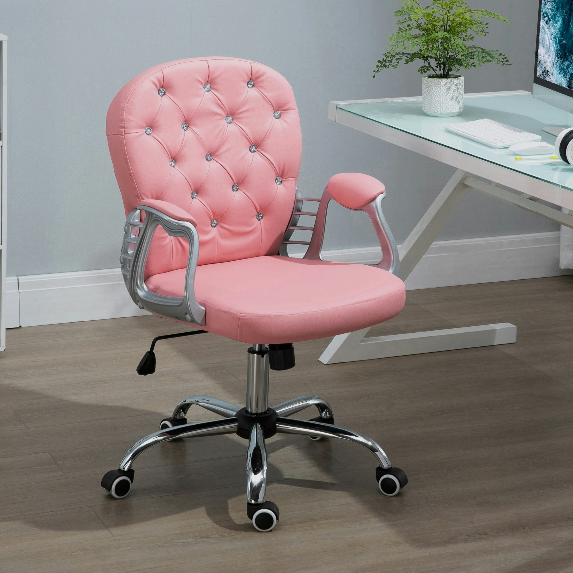 Rackhams White/Pink Office Chair Pu Diamante Padded Ergonomic 360° Swivel