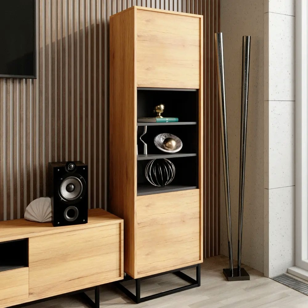 Mex Furniture Vintage Loft Retro Industrial Display Cabinet Oak Cupboard - Mdf/Chipboard - Oak 175Cm