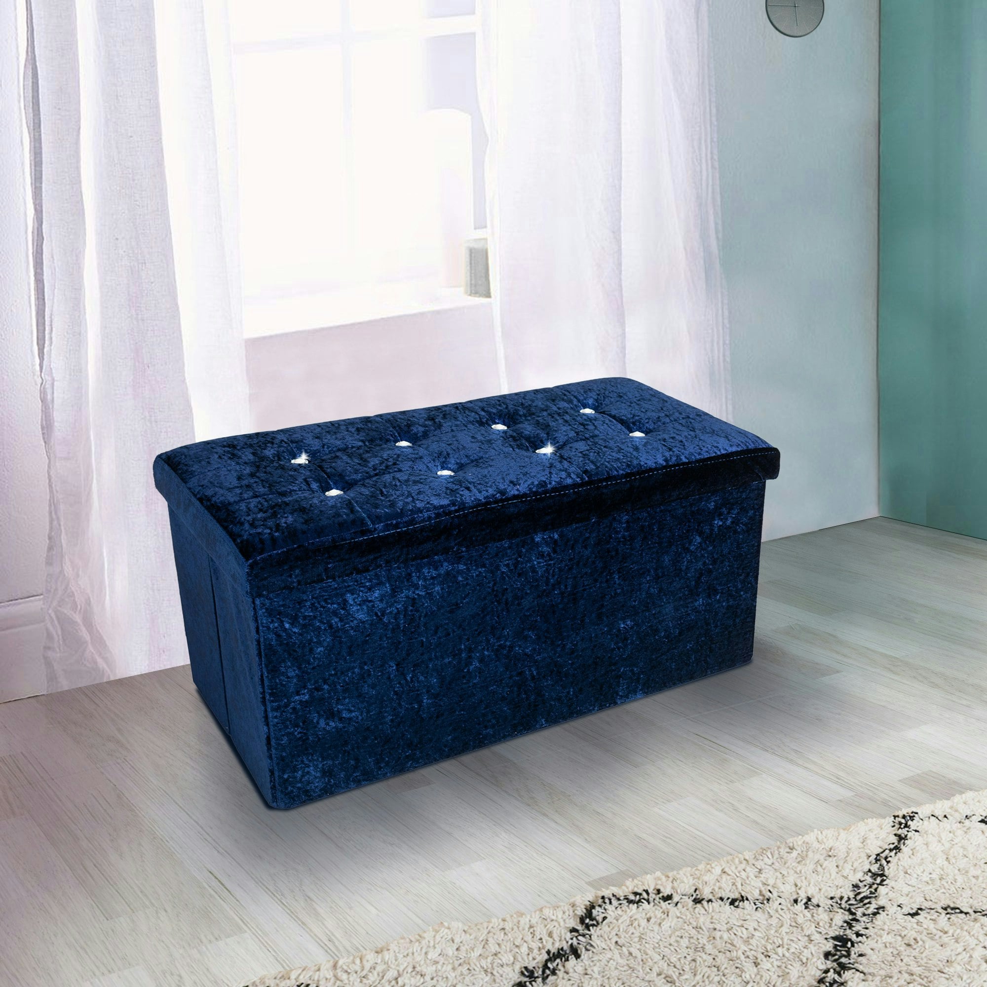 Rackhams Blue Crushed Velvet Storage Ottoman - 76Cm X 38Cm Foldable
