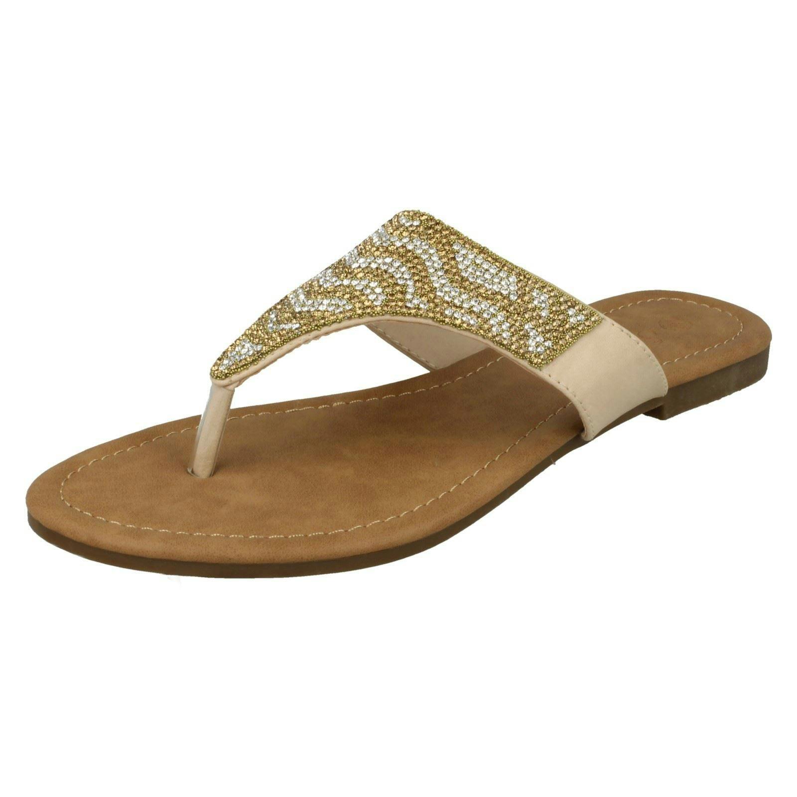 Savannah Women's Gold Flat Diamante Toe Post Sandals - Uk 4