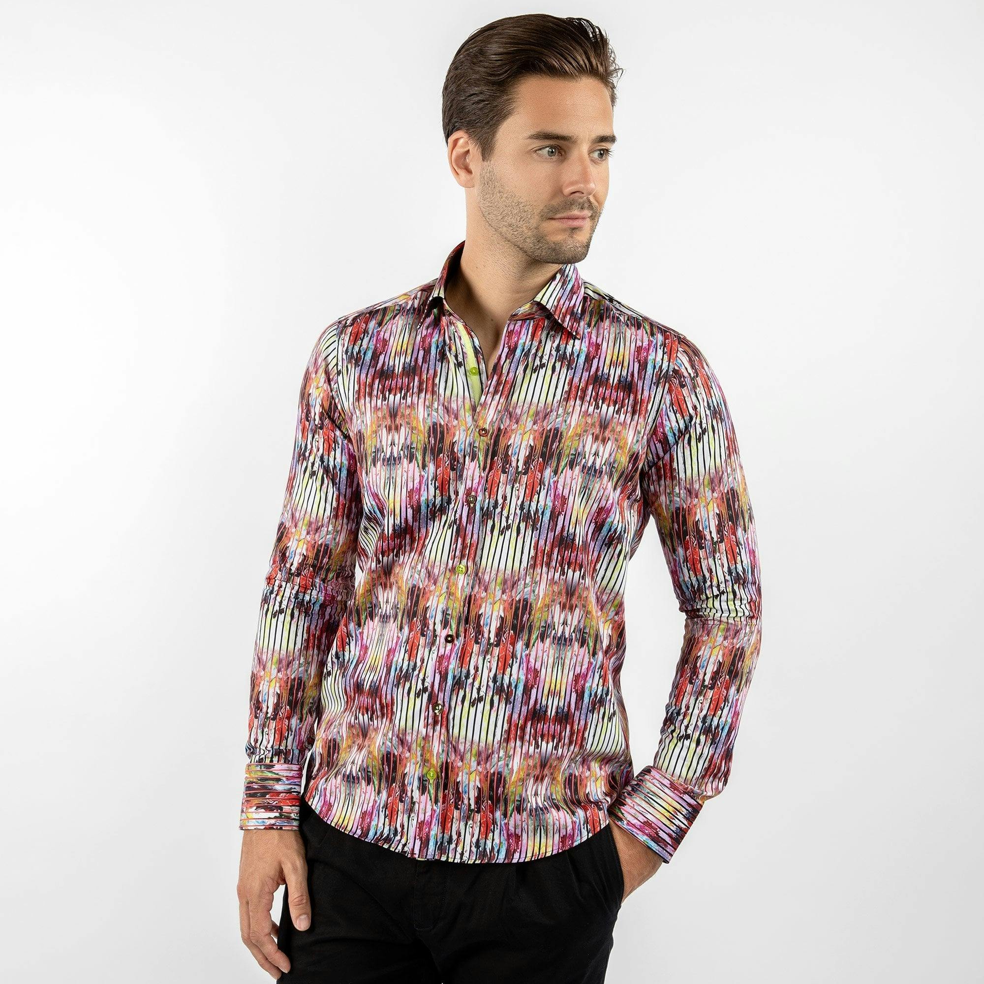 Claudio Lugli Red Tie Dye Art Striped Print Shirt - 3XL