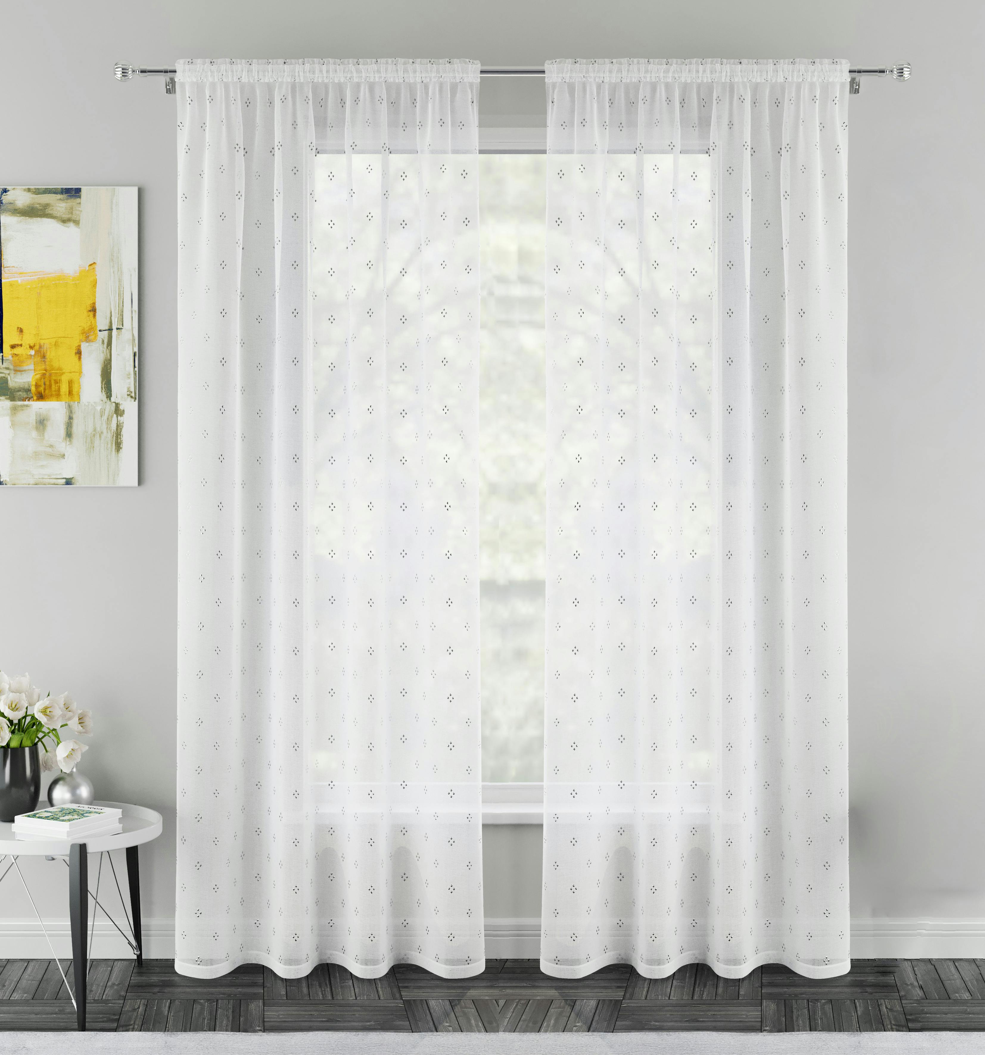 Rackhams Silver Metallic Diamond Print On Sheer Linen Look Fabric With Rod Pocket Header - Ready To Hang - 55" (140Cm) Width X 90" (229Cm) Drop