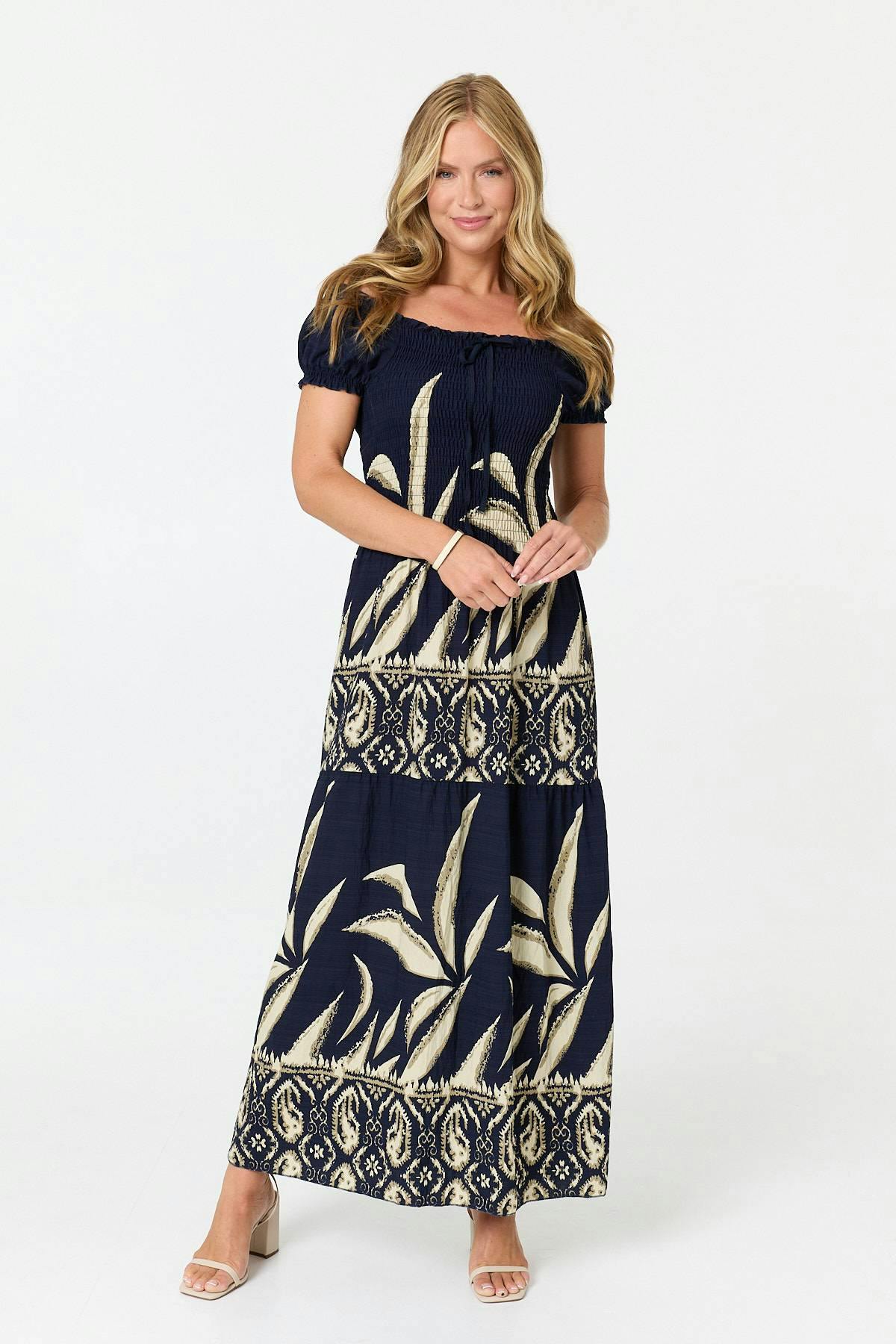 Izabel London Printed Bardot Short Sleeve Maxi Dress - S - Navy
