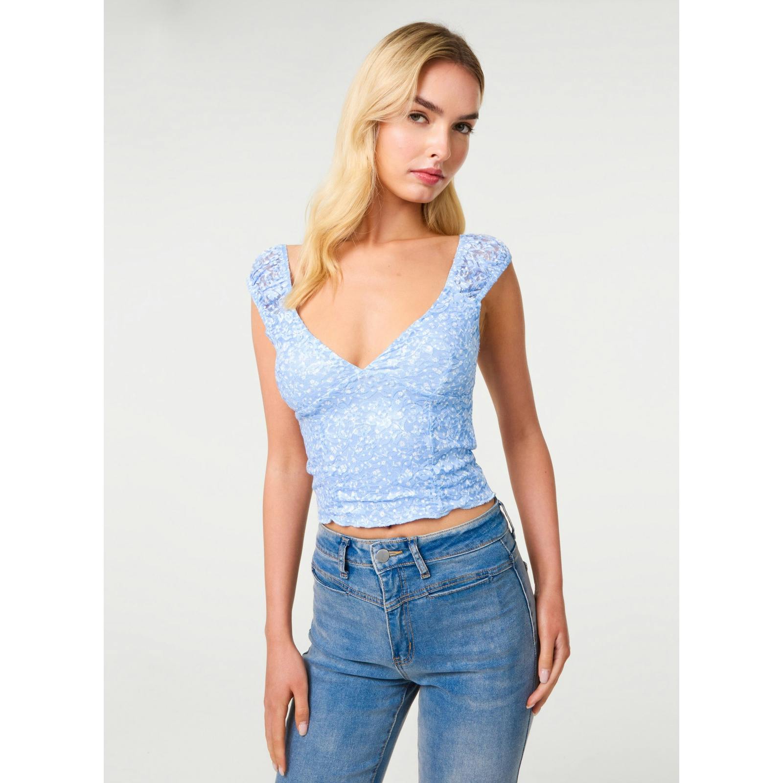 Pink Vanilla Pink/Light/Blue Vanilla V Neck Lace Crop Top - L