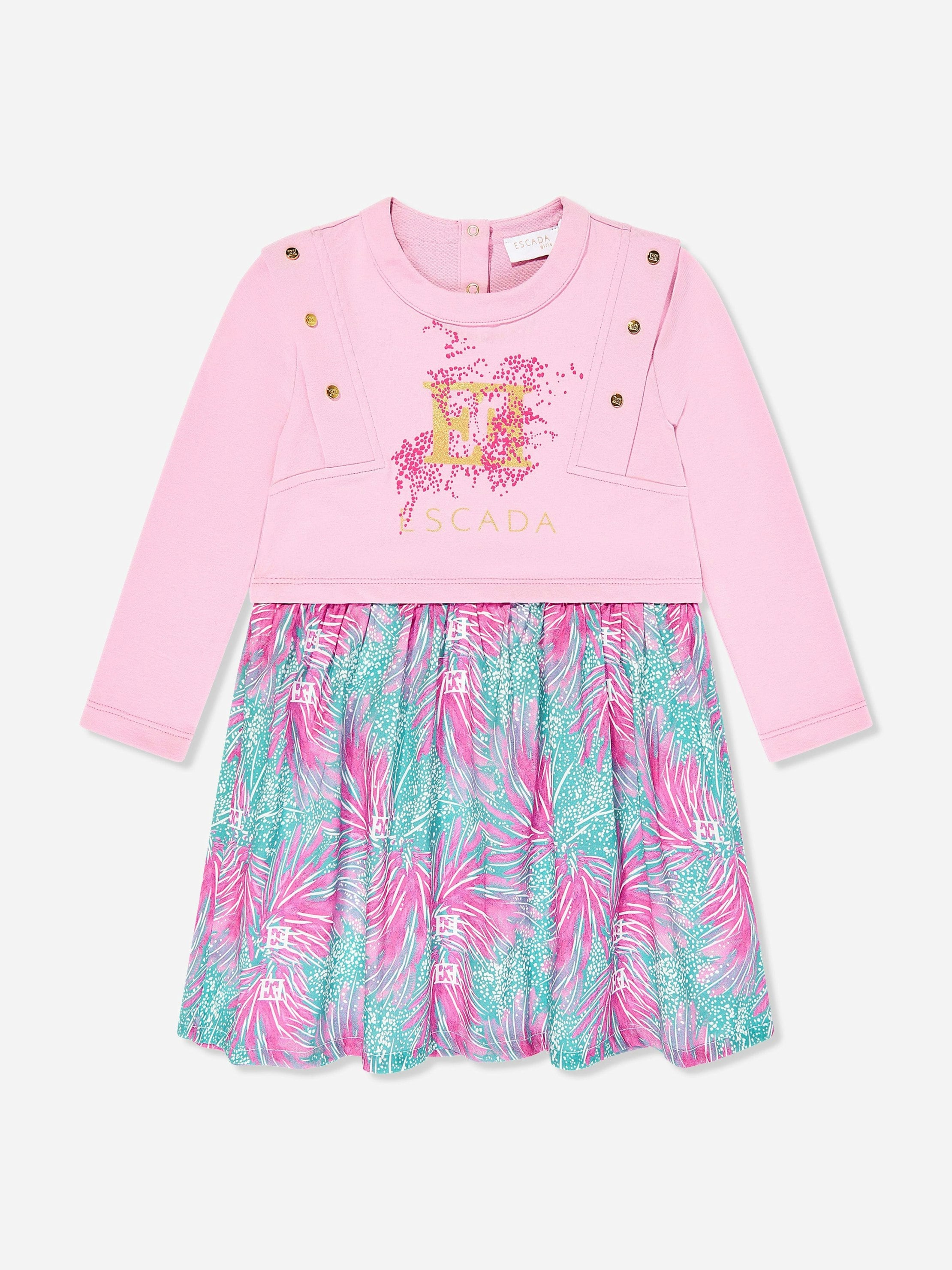 Escada Girls Pink Bi-Material Printed Logo Dress In - 10 Yrs
