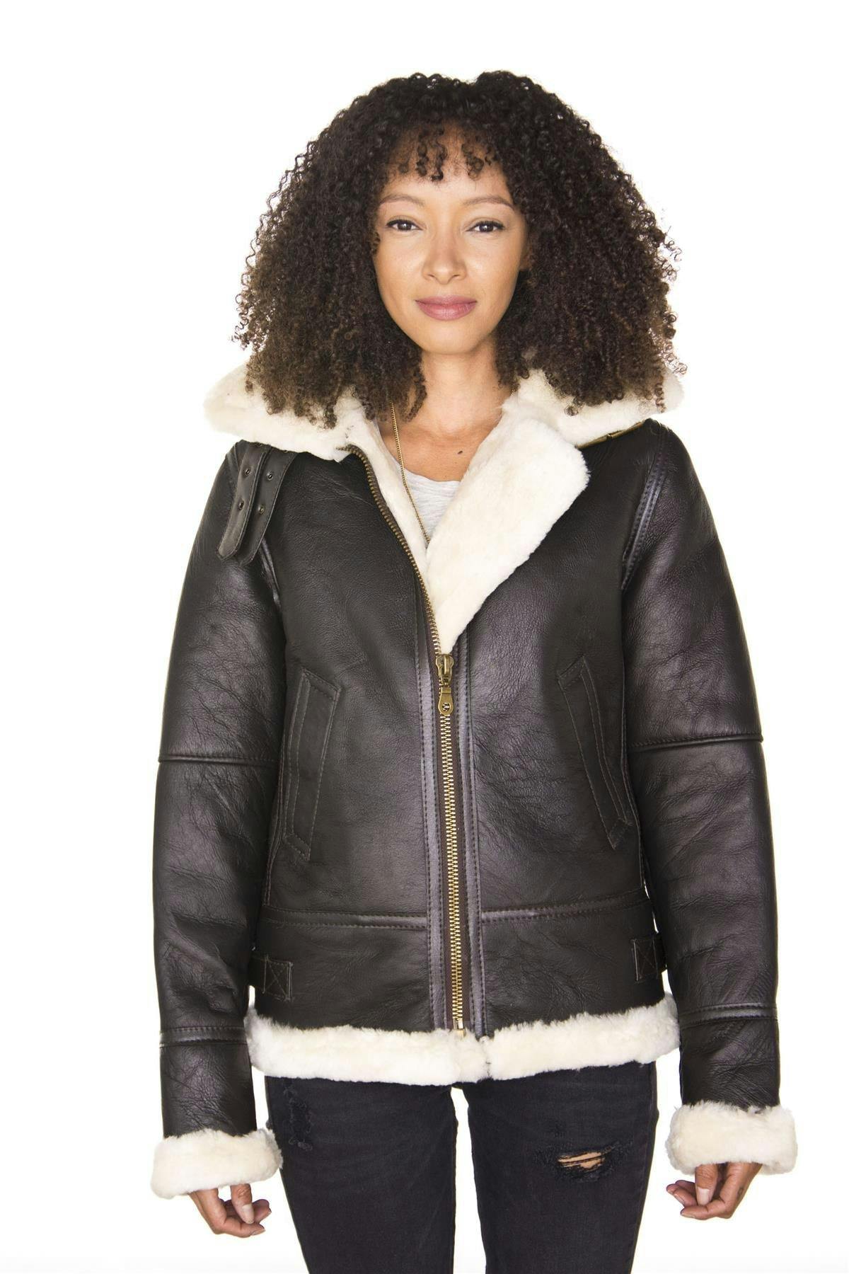 Infinity Leather Women's Brown/Cream Hooded Sheepskin Flying Leather Jacket-Orford - L