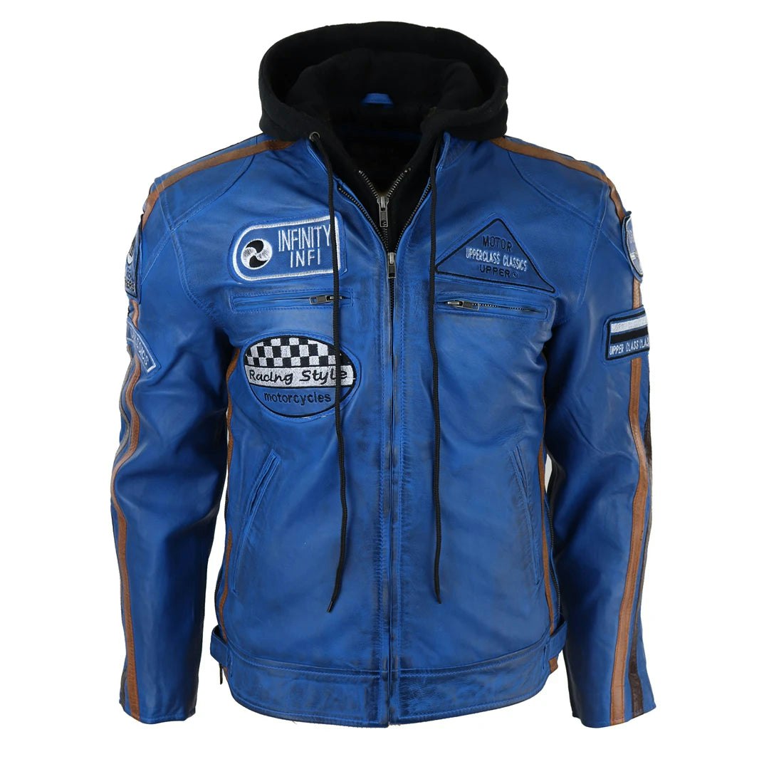 Infinity Leather Men's Blue Leather Company Hooded Zipped Biker Leather Jacket - 2XL