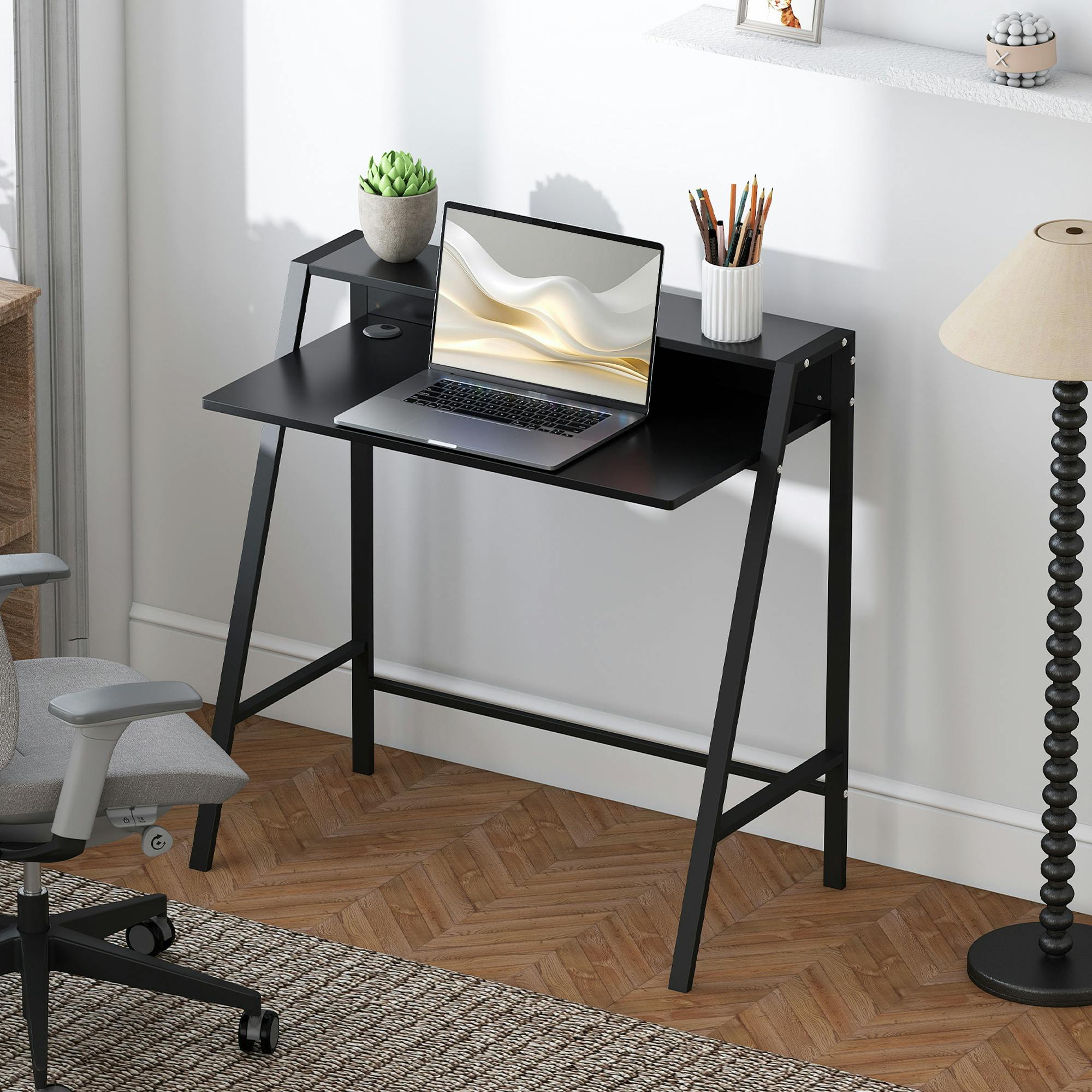 Rackhams Black 2-Tier Storage Computer Workstation With Shelf, Metal Frame