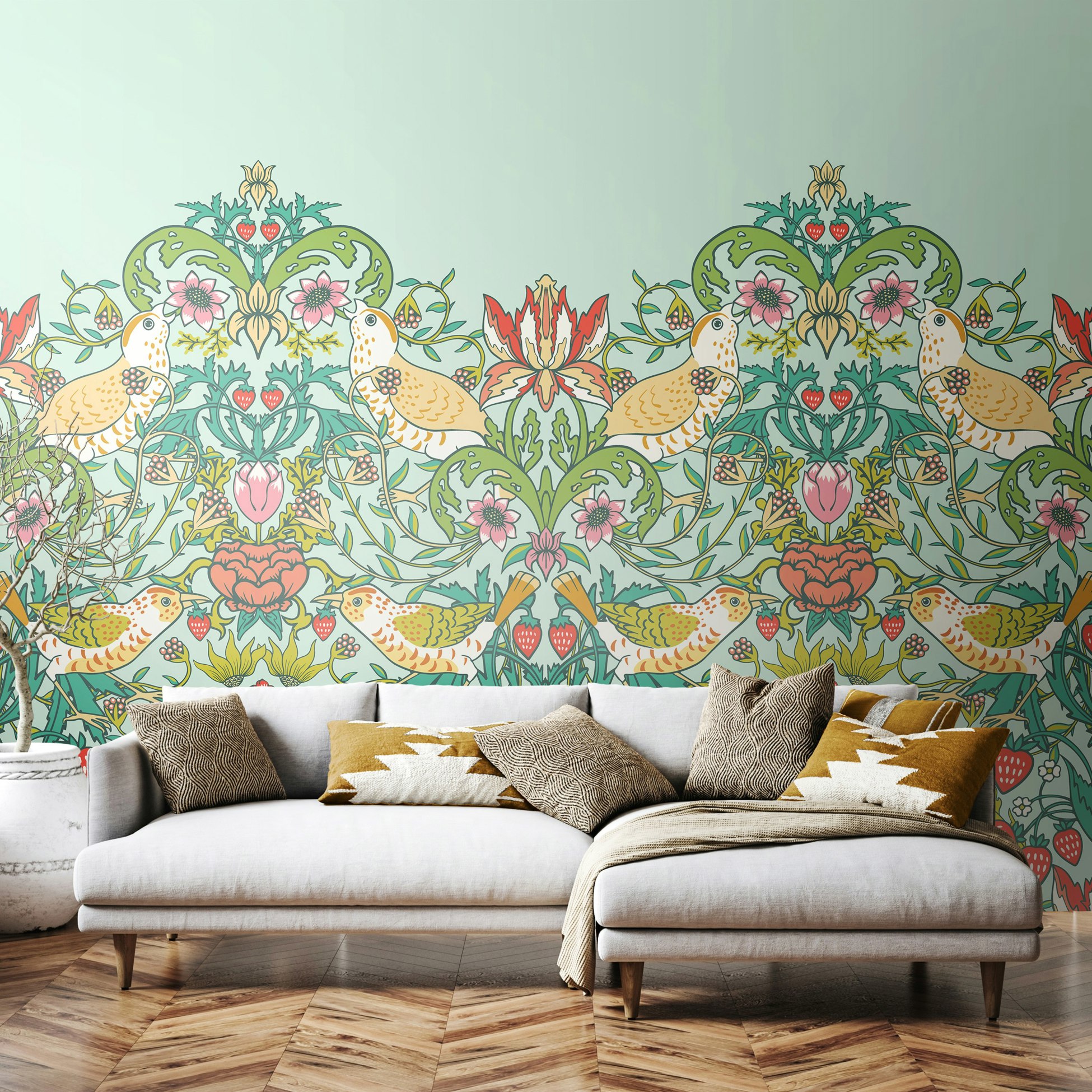 Rackhams Birds, Fruit And Foliage - Duck Egg - Medium - W300cm X H240cm