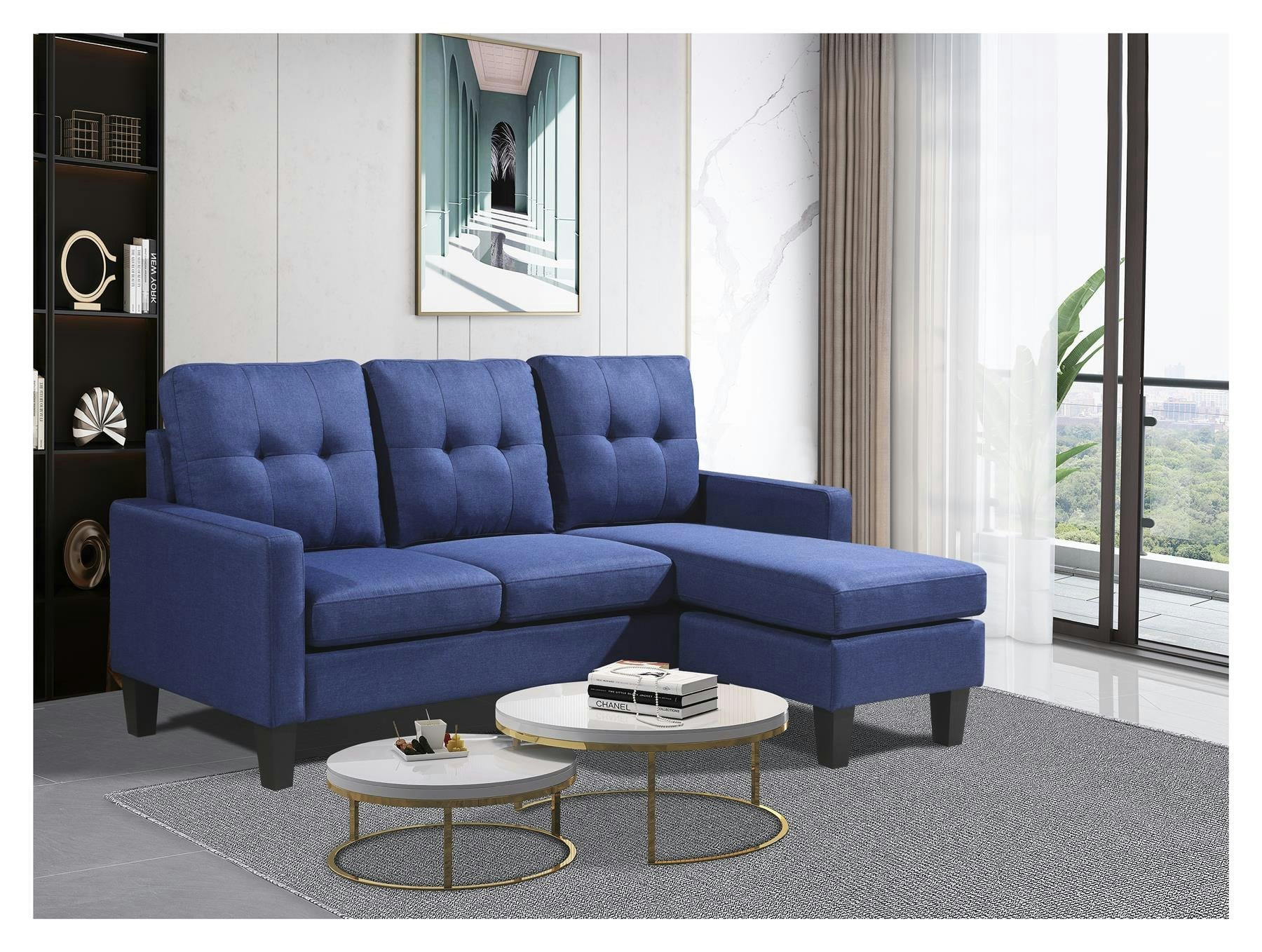 Kosy Koala Unisex Blue Corner Sofa Fabric Sectional Sofa W/ Ottoman L-Shaped Sofa Couch Reversible 3-Seater - Image 7