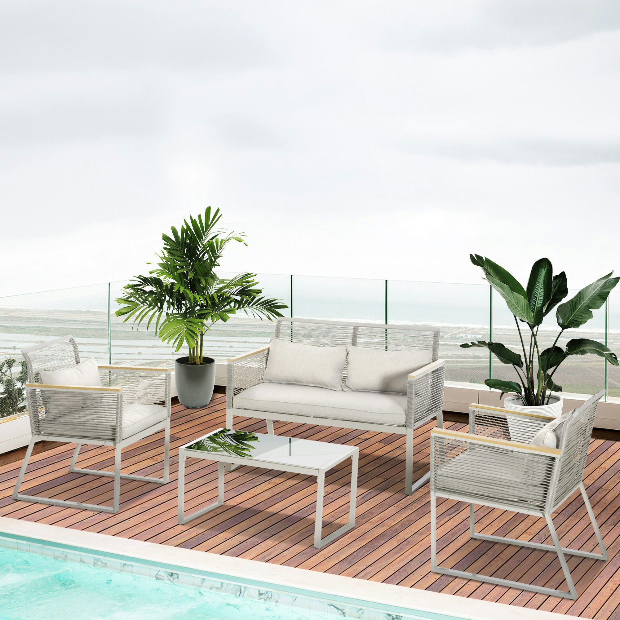 Outsunny Grey 4 Pcs Patio Pe Rattan Sofa Set Conservatory Furniture Set - Metal, Pe Rattan, Polyester - 116W X 68.5D X 79H Cm
