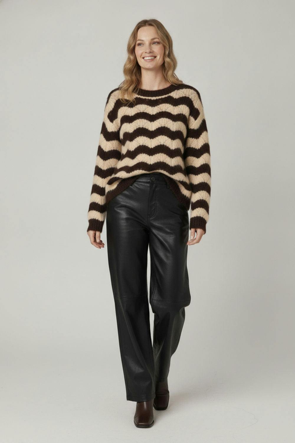 Izabel London Brown Wave Striped Texture Relaxed Jumper - 8