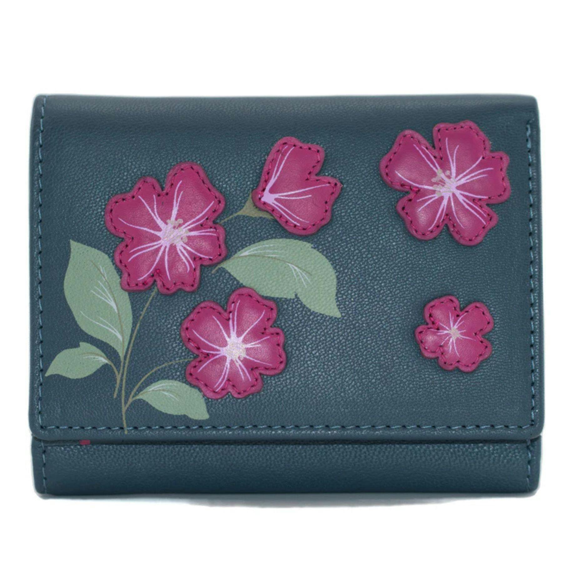 Mala Leather Women's Sakura Japanese Flowers Compact Leather Tri-Fold Purse For - Navy