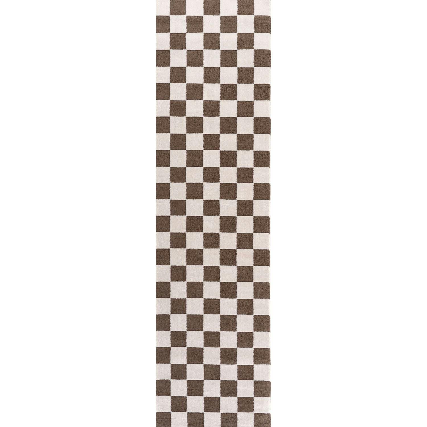 The Rugs Loft Checkerboard Design Textured Runner In Grey 80X300 Cm - Brown - Image 2