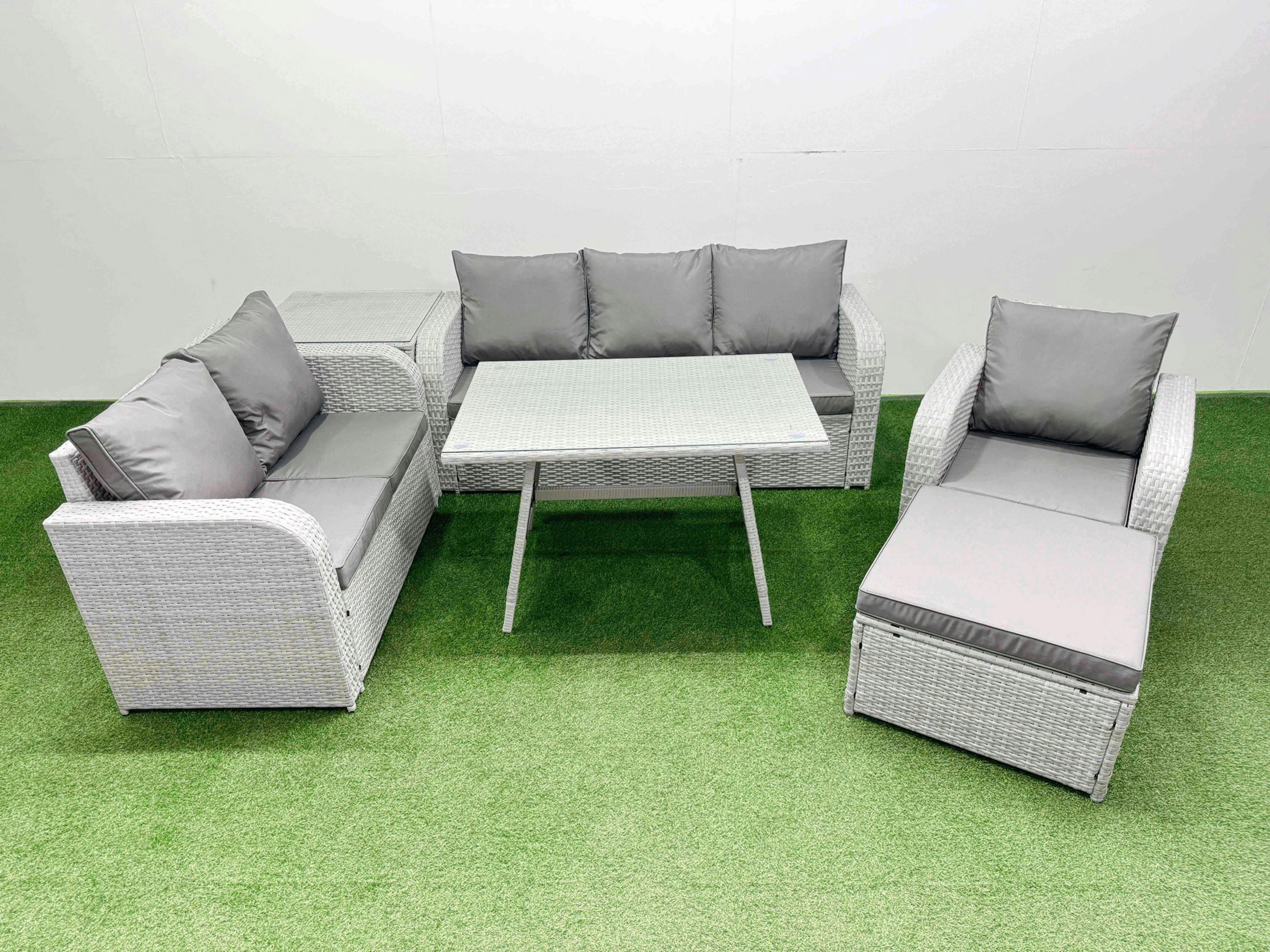 Fimous Light/Grey Rattan High Back Lounge Sofa Set Patio Dining Table & Chairs Set With 3 Seater Sofa Reclining Chair Side Table Big Stool