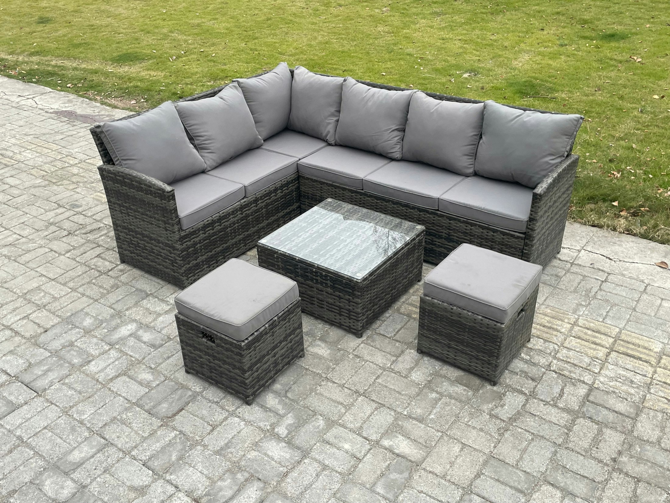 Rackhams Dark/Grey 8 Seater Outdoor Garden Furniture Set Wicker Pe Rattan Corner Sofa Set With Square Coffee Table 2 Small Footstools Mixed