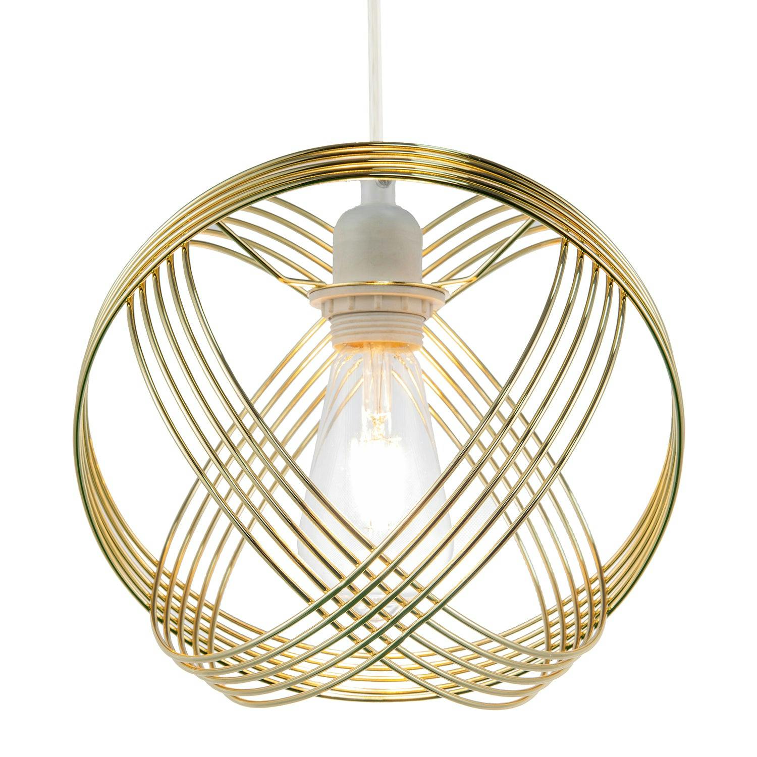 Modern Ornate Polished Plated Gold Spherical Pendant Light Shade with 4-Ring Metal Wrap Design | 25cm Diameter | for E27 E14 B22 by Happy Homewares - Image 3
