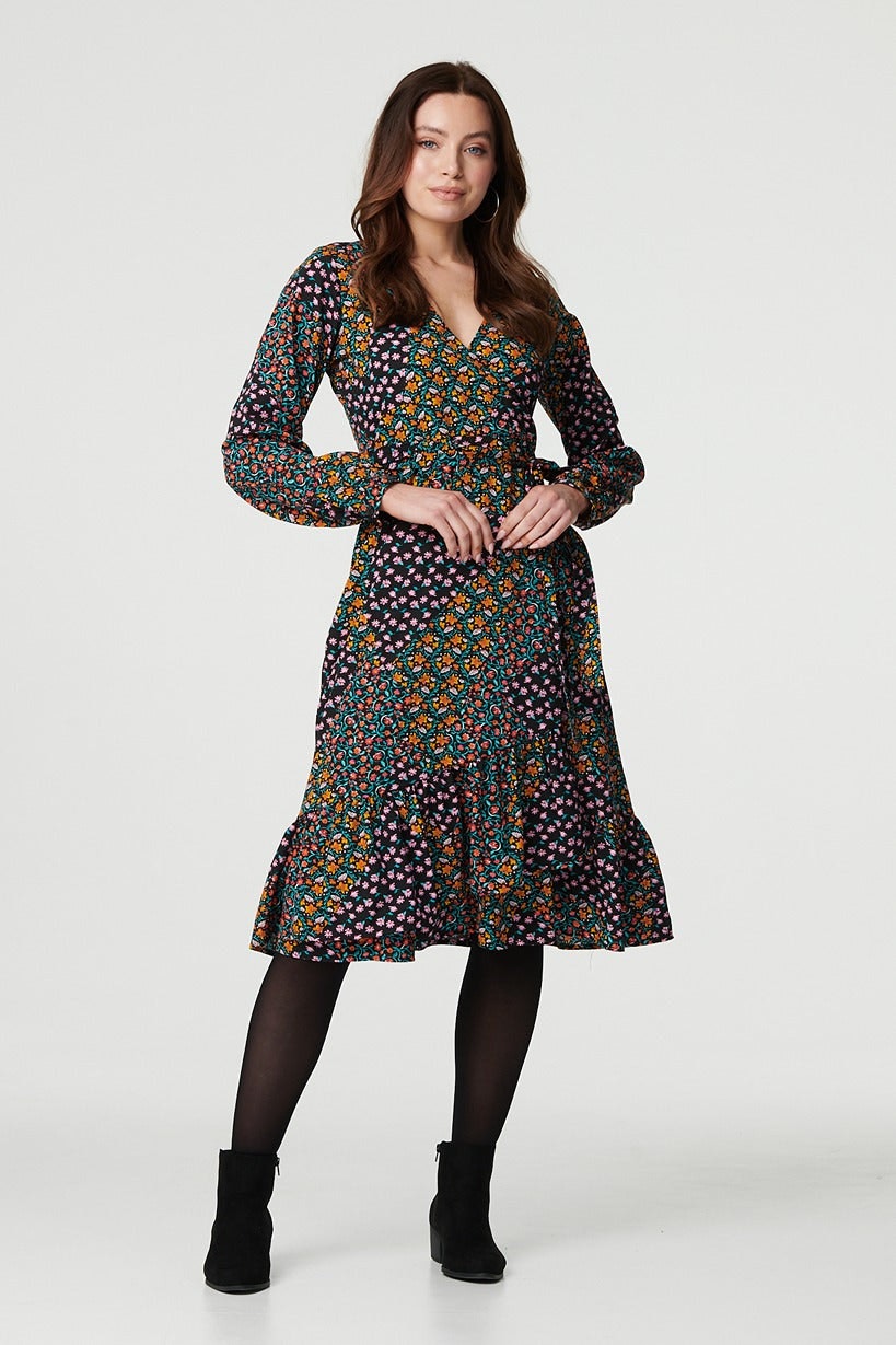 Izabel London Black Patchwork Print Ruffled Wrap Dress - 10