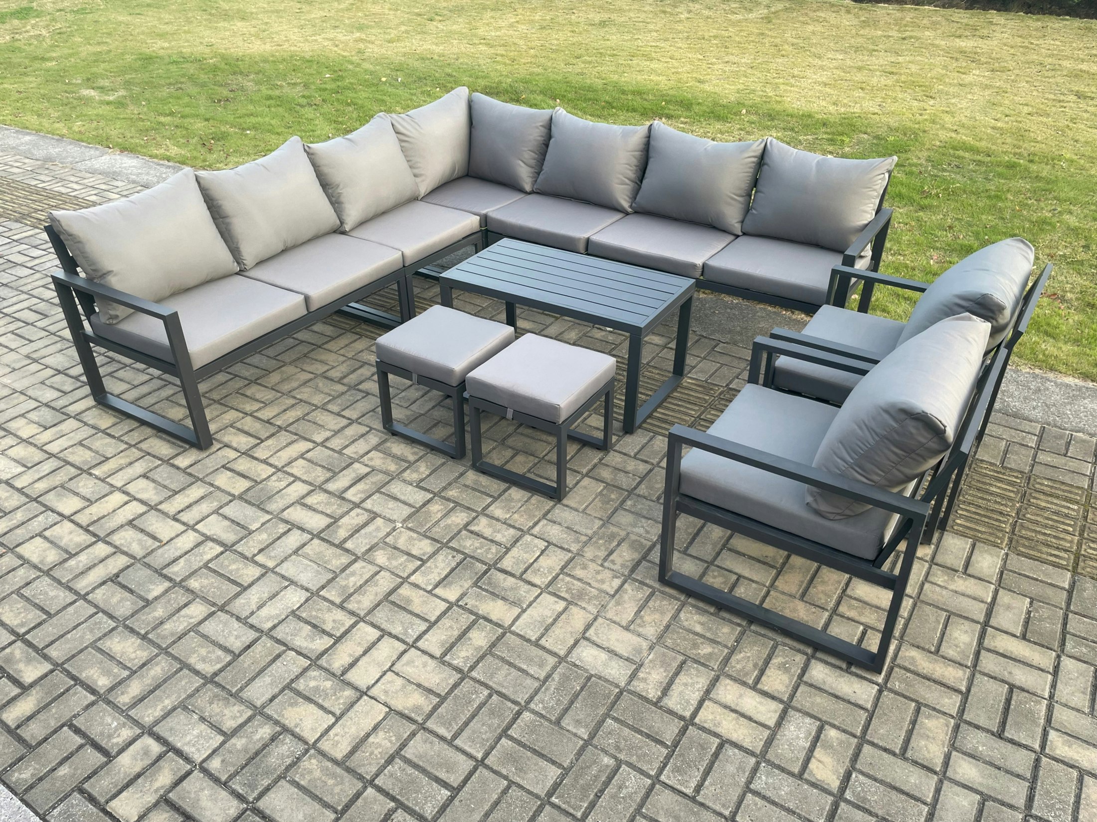 Rackhams Dark/Grey Aluminium Outdoor Garden Furniture Set Lounge Corner Sofa 2 Pcs Chair Oblong Coffee Table Sets With 2 Small Footstools