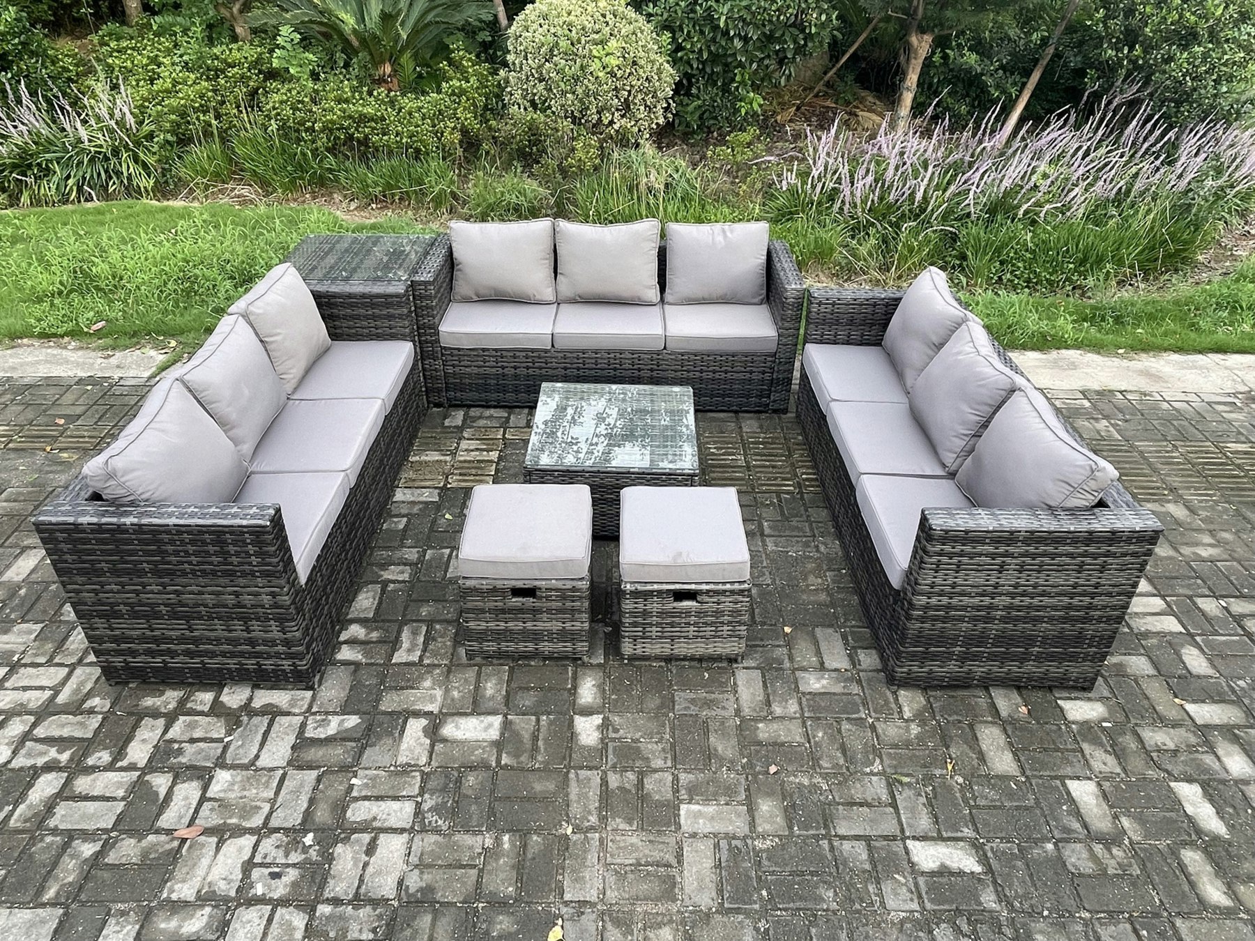 Rackhams Dark/Grey 11 Seater Outdoor Rattan Garden Furniture Set Patio Lounge Sofa Set With Side Table Square Coffee Table 2 Small Footstool Mixed