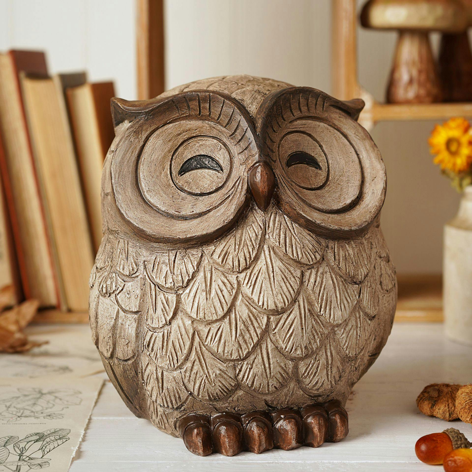 Country Living Brown/Cream Wood Effect Resin Owl Sleeping
