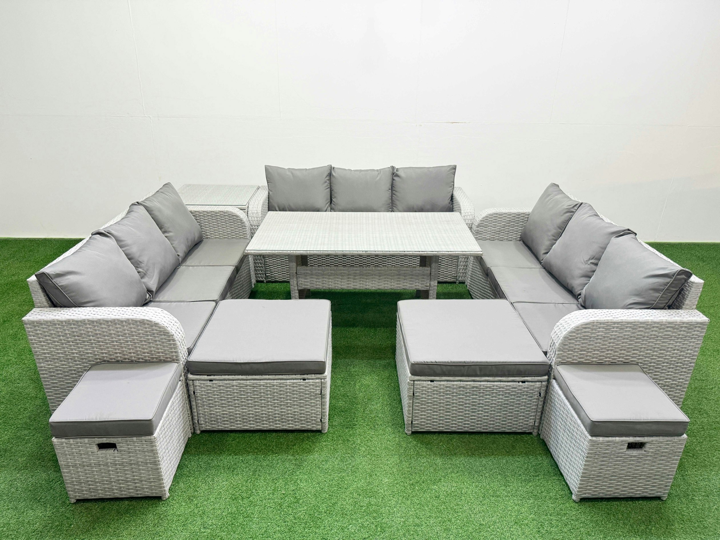 Fimous Light/Grey Pe Rattan Lounge Sofa Set 10 Seater Outdoor Garden Furniture Set With Dining Table 3 Seater Sofa 2 Big Footstools Side Table