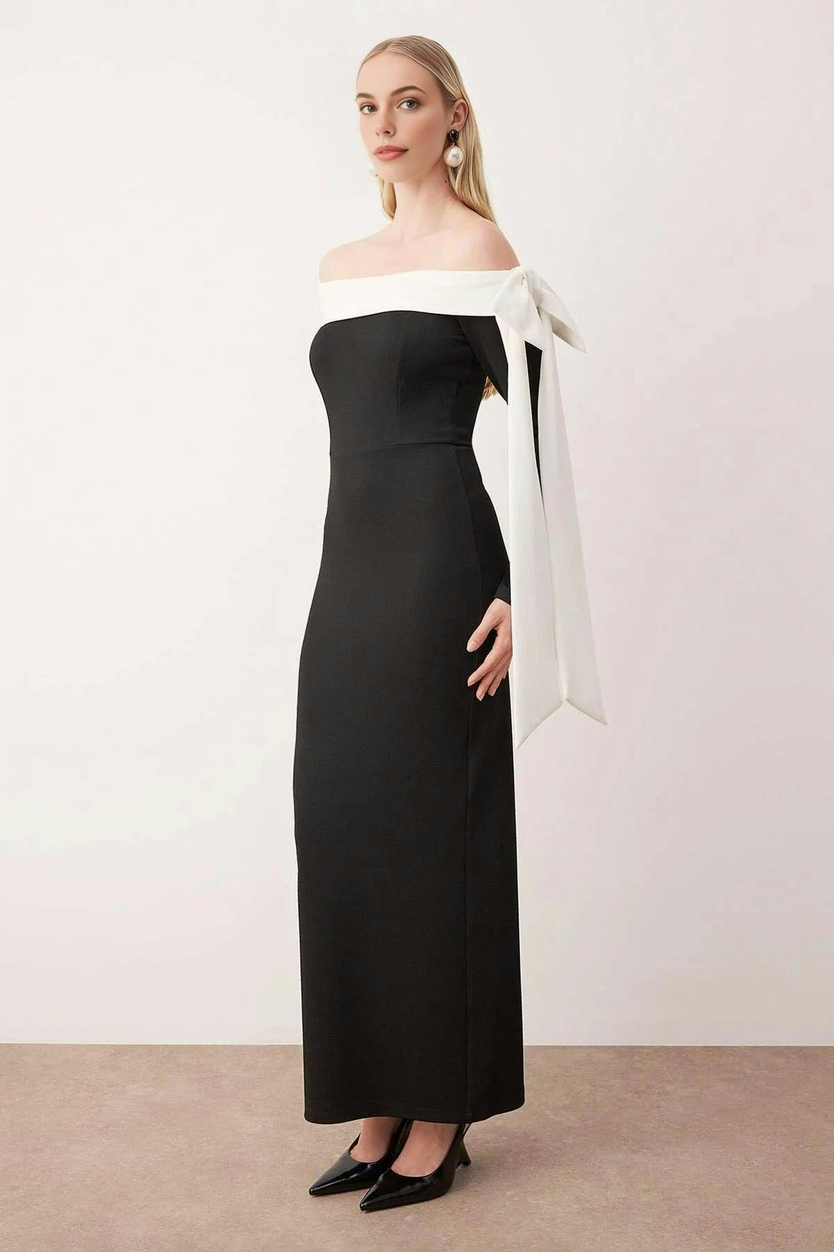 Wovcor Black Color-Block Knit Crepe Maxi Unlined Evening Dress With Bow Detail - 12