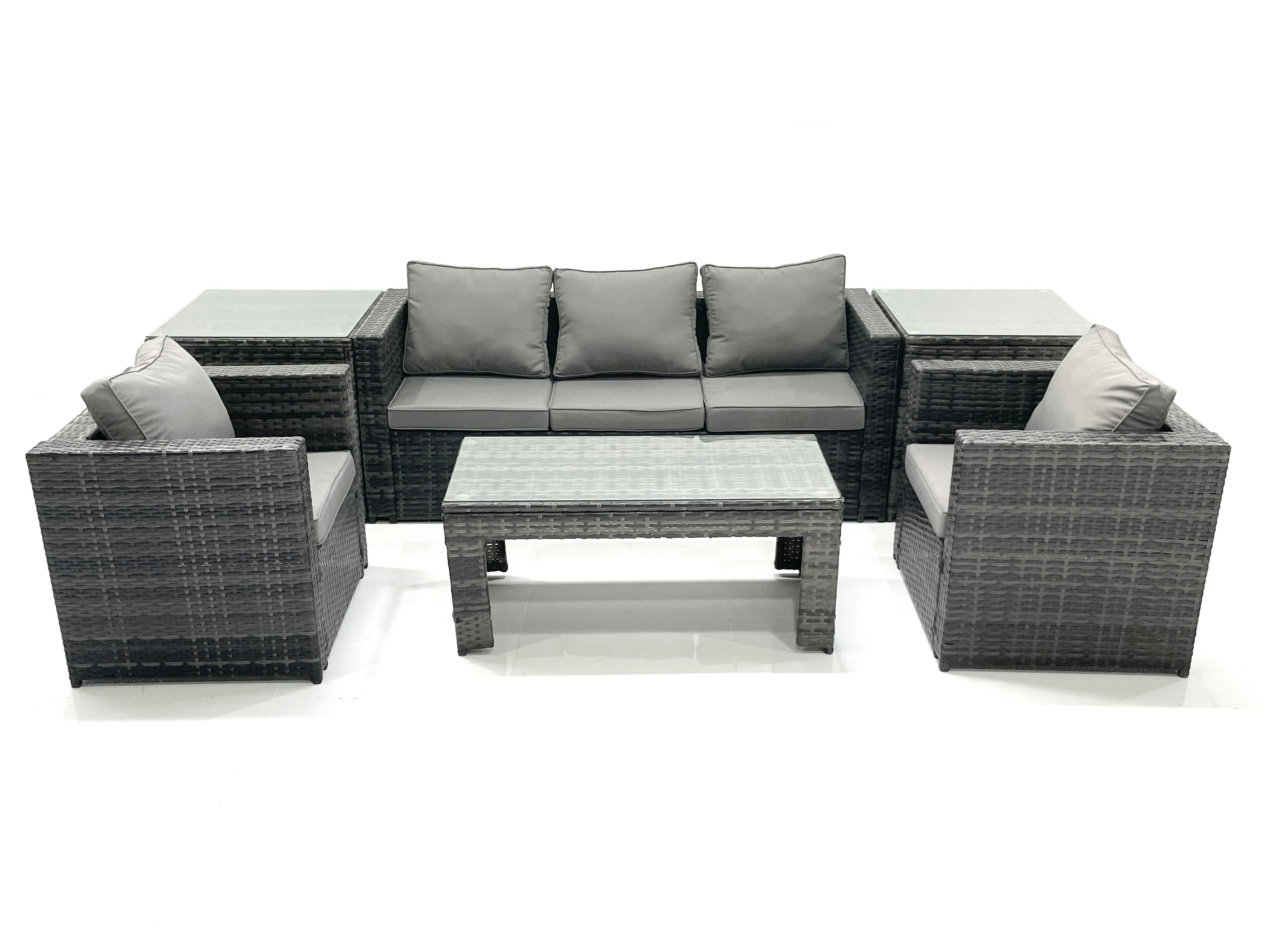 Fimous Dark/Grey Rattan Garden Furniture Set Outdoor Lounger Sofa With Coffee Table 2 Armchair 2 Side Tables Mixed