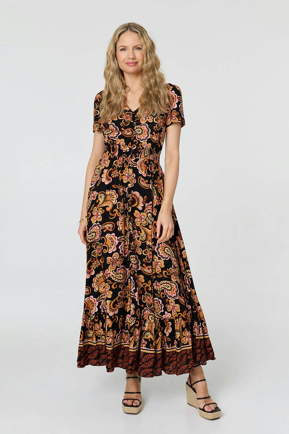 Izabel London Black Paisley Short Sleeve Maxi Dress - 12