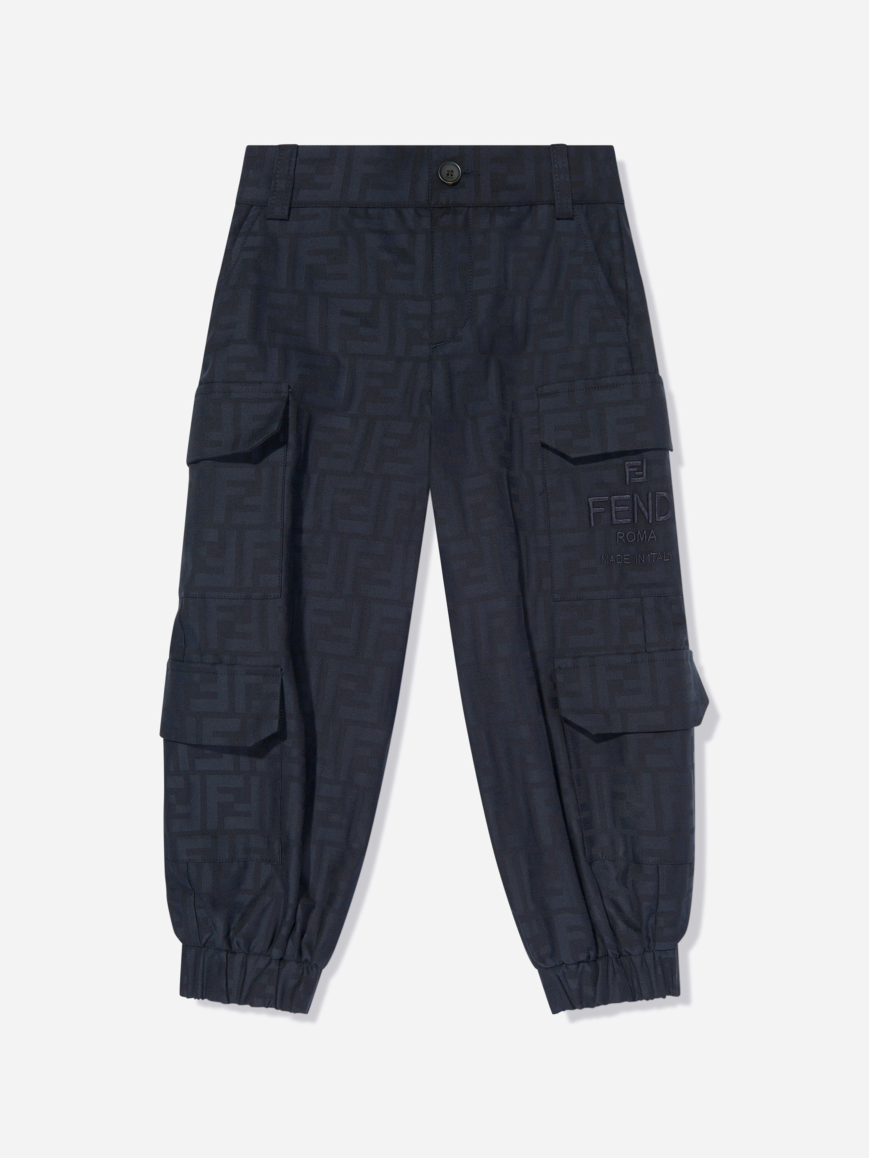 Fendi Kids Boys Blue Ff Jacquard Cargo Trousers In Navy - 12 Yrs