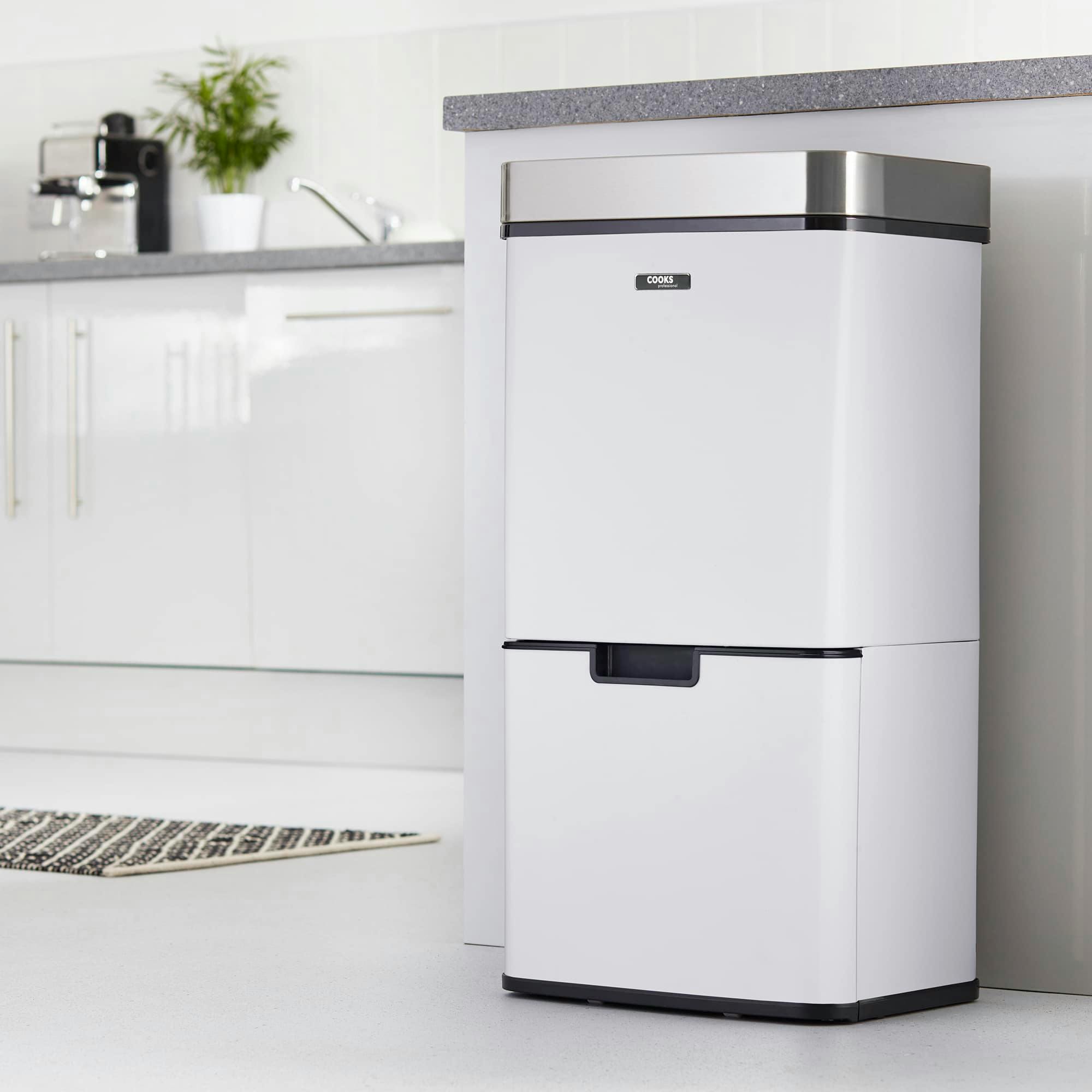 Rackhams White/Silver 75L Sensor Recycling Bin With Food Caddy | / - Bin + Pack Of 25 Biodegradable Bin Bags