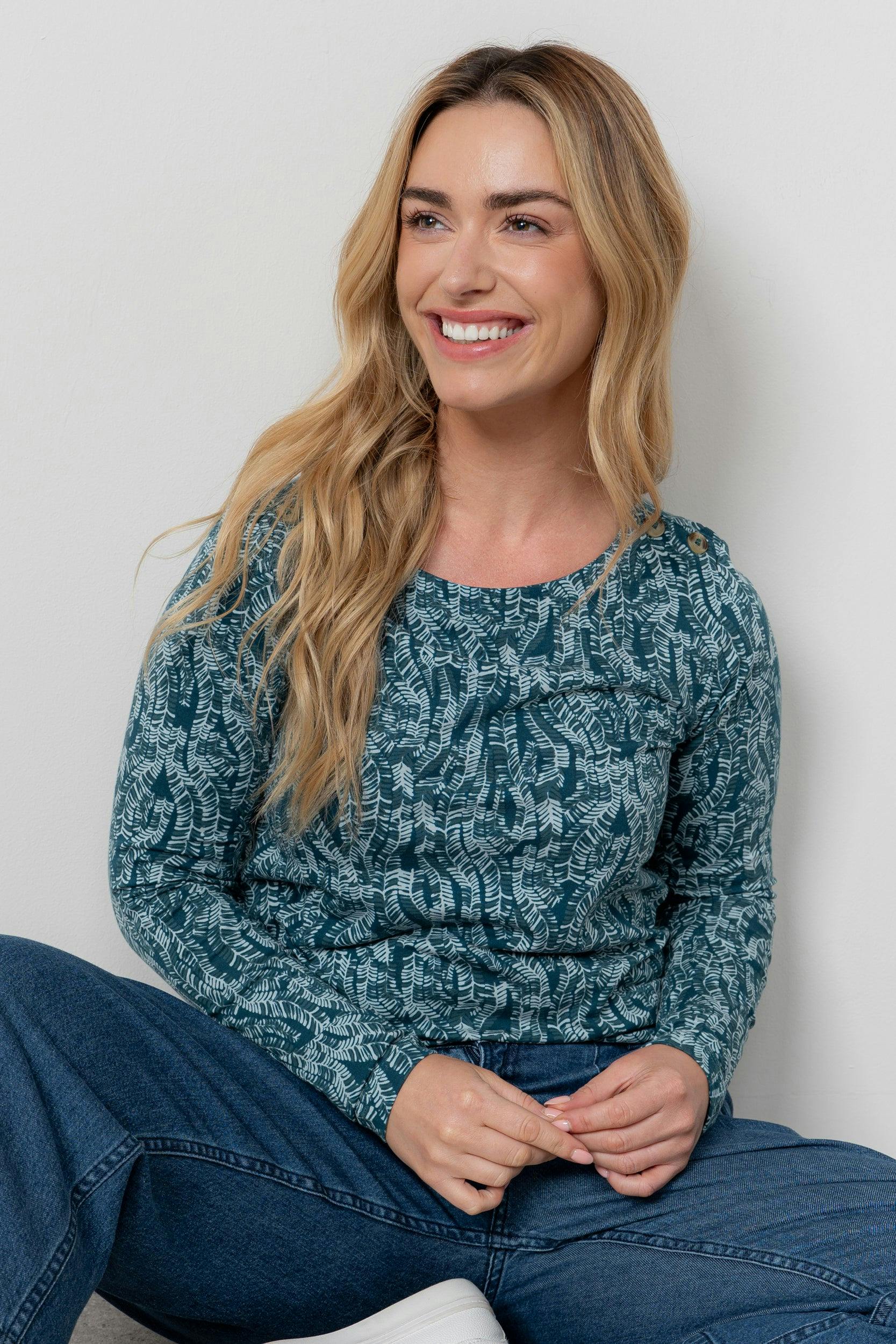 Lily & Me Riverside Floral Print Casual Jersey Top Petrol - 08 - Petrol